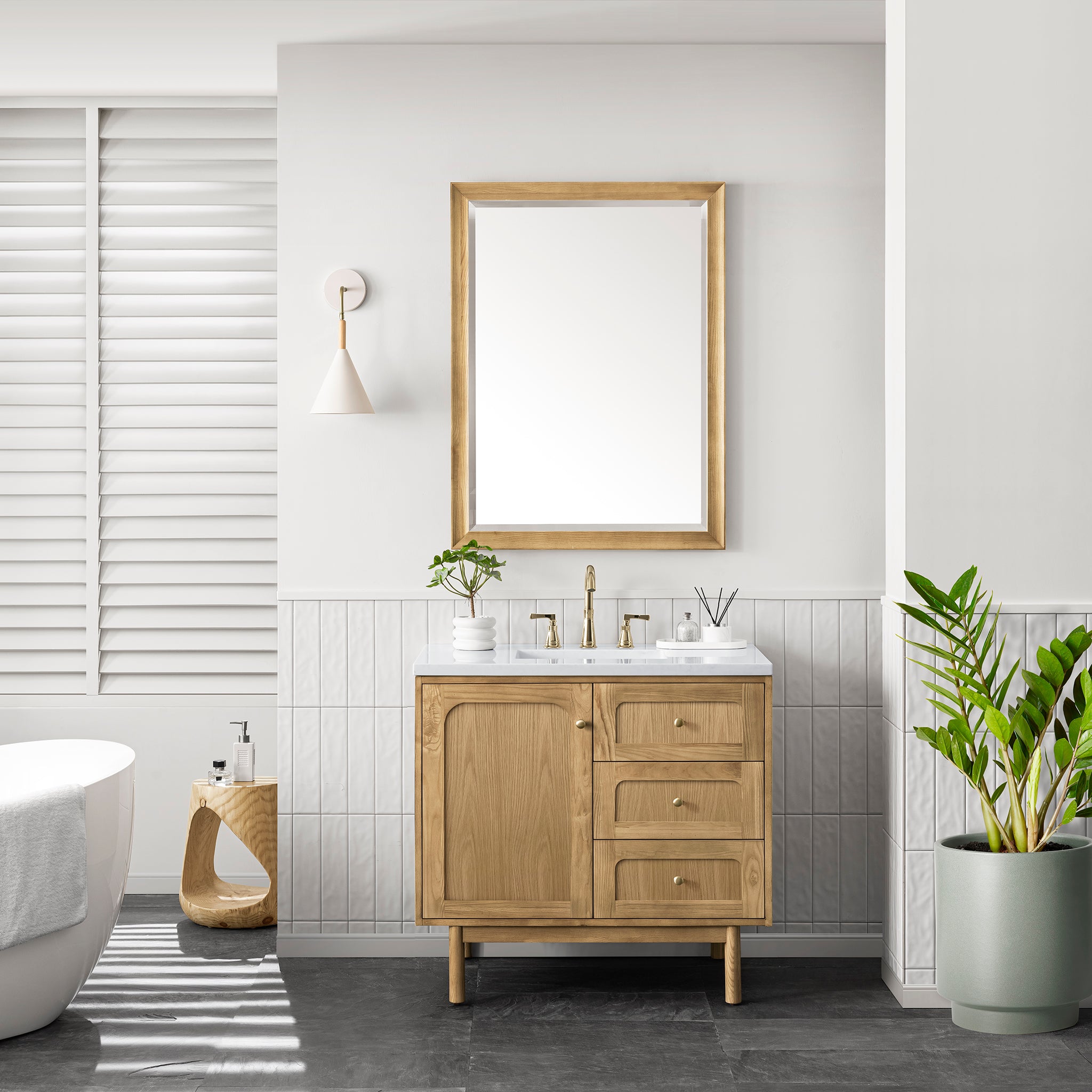 Laurent 36 Inch Single Bathroom Vanity with Light Natural Oak Finish and 3CM Arctic Fall Top - Perfect for Modern Bathroom Renovations and Small Space Solutions