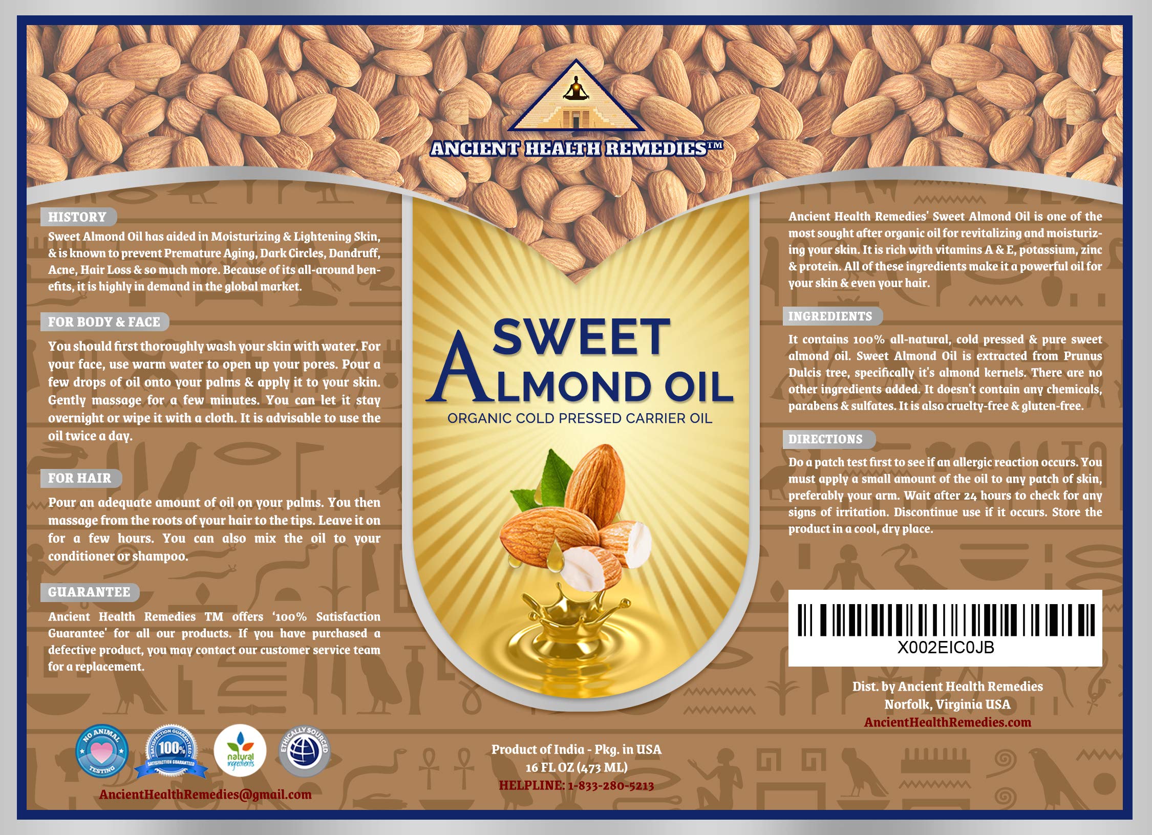 Pure Cold Pressed Sweet Almond Carrier Oil for Skin & Hair Care - All Natural, Moisturizing, DIY Beauty - Bulk Wholesale (Darkening, India) | Perfect for Body Butter, Massage Oil & Aromatherapy