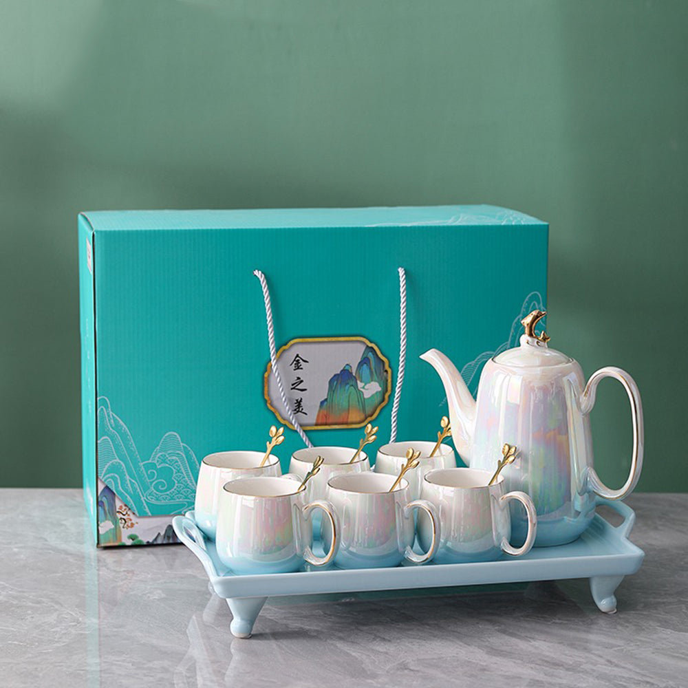 Gradient Blue Pearl Glaze Modern Tea Set - Elegant Ceramic Teapot with Cups for Afternoon Tea, Gifts & Home Decor