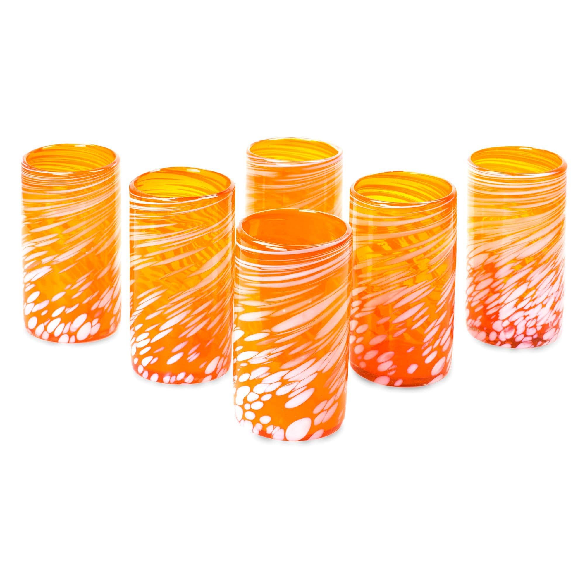 NOVICA Handblown Recycled Glass Tumblers Set of 6 - Striped Juice Glasses, Elegant Emerald Orange Drinkware, 6
