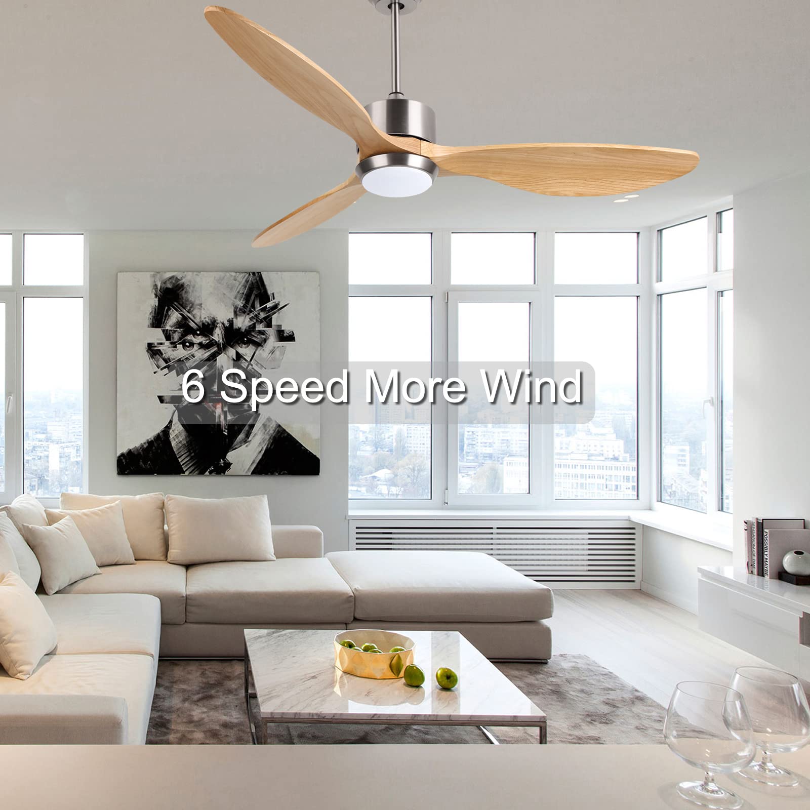 Ovlaim 52 Inch Wood Ceiling Fan with Light and Remote Control - 6 Speed Quiet DC Motor, 3 Blade Smart Ceiling Fan for Living Room, Bedroom, Indoor Use - Perfect for Home Cooling and Decoration