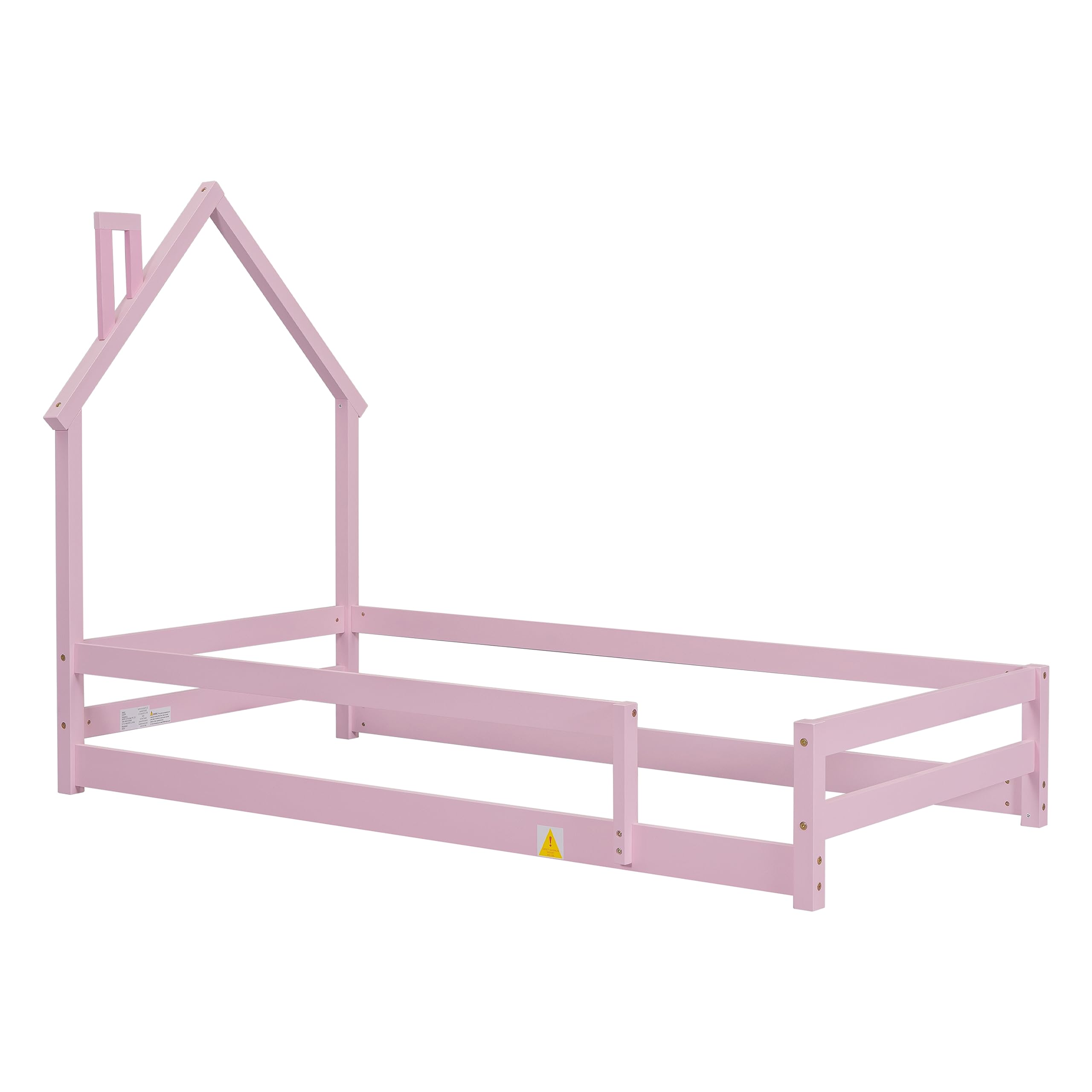 Bellemave Twin Size House-Shaped Headboard Floor Bed with Safety Fences - Wooden Montessori Kids Bed for Girls & Boys - Pink House Bed Frame for Toddler Room, Playroom & Nursery