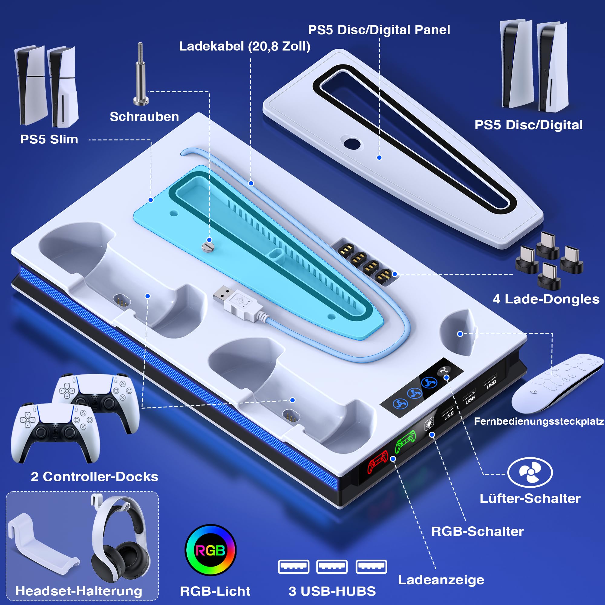 PS5 Stand with LED Light for PS5 Slim - 3-Speed Cooling Fan, Dual Controller Charger, Headset Hook & 4 USB-C Ports - Gaming Accessories for PS5 Slim Disc & Digital Edition - Perfect for Gaming Setups & Entertainment Centers