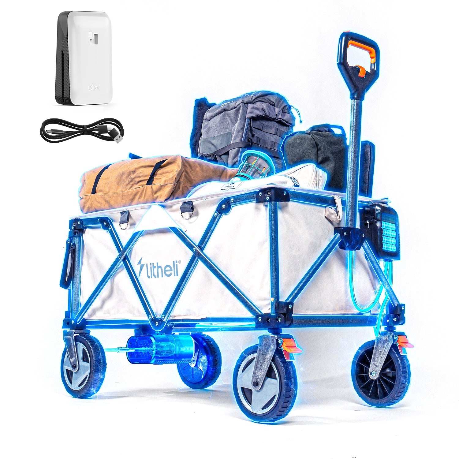 Litheli Electric Foldable Utility Wagon for Camping & Outdoor - Portable Power Bank Included - Perfect for Beach Trips, Picnics & Tailgating