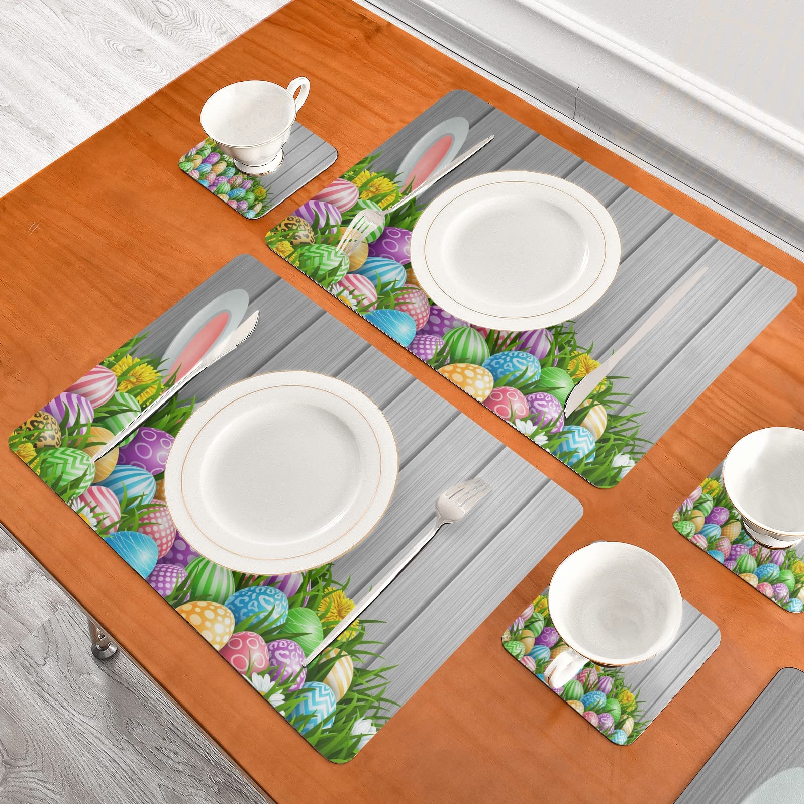 Easter Bunny Ears & Flowers Leather Placemats Set of 4 - Waterproof Wipeable Table Mats for Dining Kitchen - Easy to Clean Wooden Table Decor for Easter Brunch & Holiday Gatherings