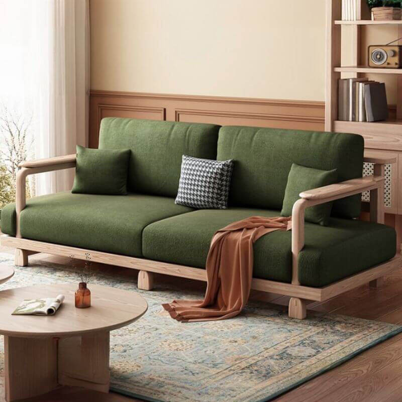Victorian Ash Wood Olive Green Sofa Couch - Loveseat & Single Sofa for Living Room with 3 Pillows & Removable Cushions | Comfortable Seating for Home, Office & Lounge Areas