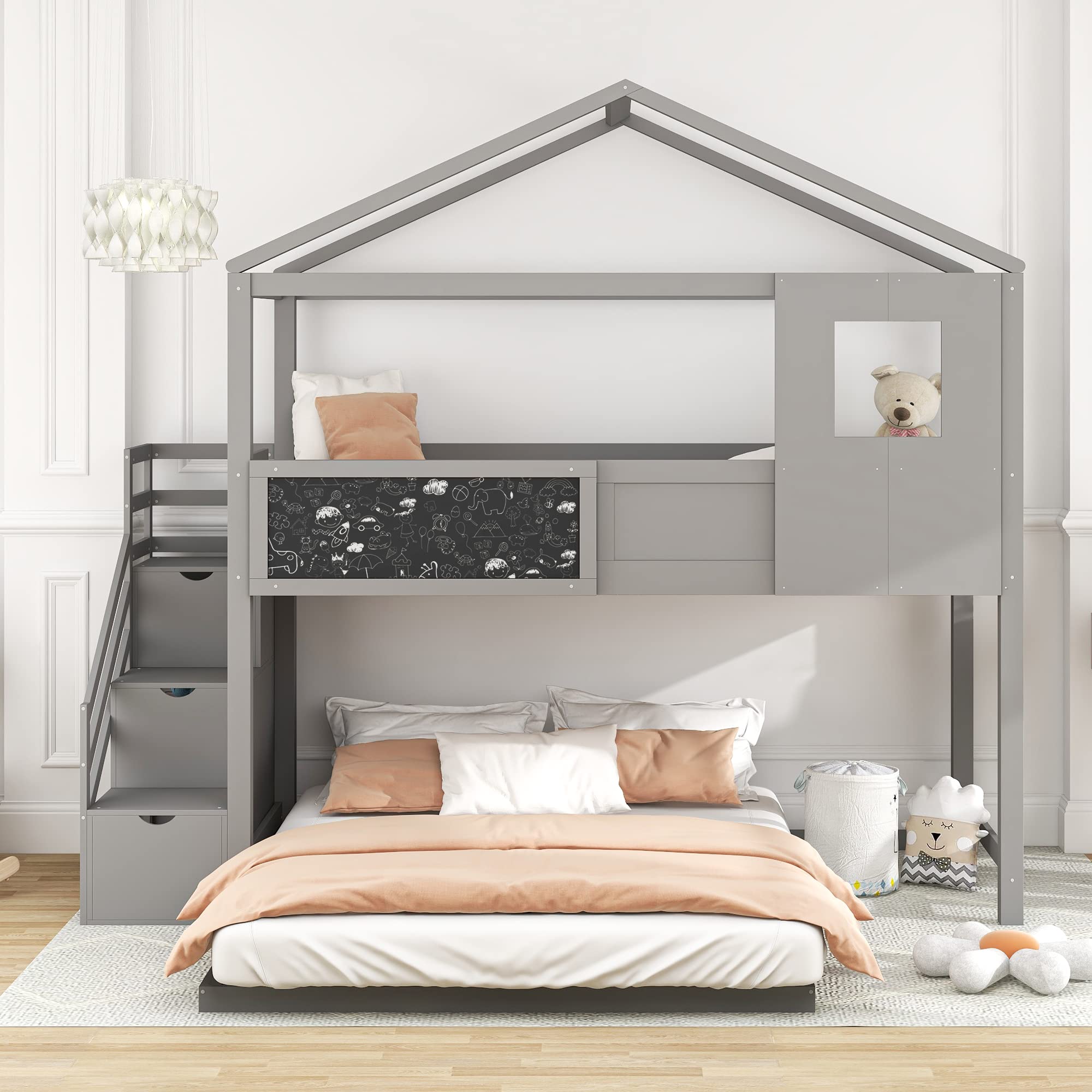 Kids L-Shape Bunk Bed with Storage & Blackboard - Twin Over Full Loft Bed for Playroom & Bedroom