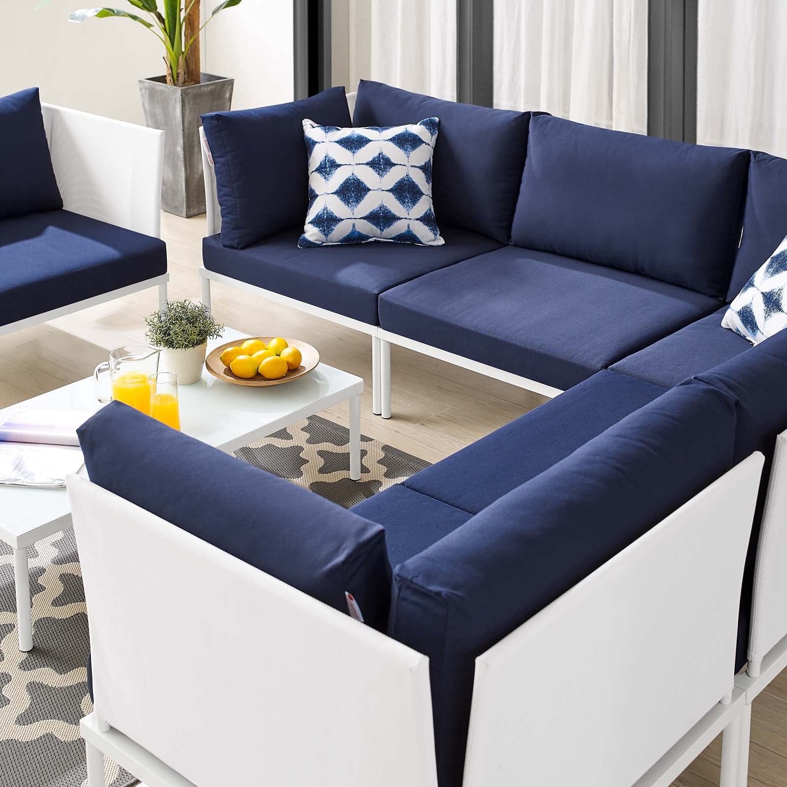 Modern Outdoor Lounge Sectional Sofa Set with Chair & Table - Aluminum Frame in White, Blue & Navy - Perfect for Patio, Garden & Poolside Relaxation