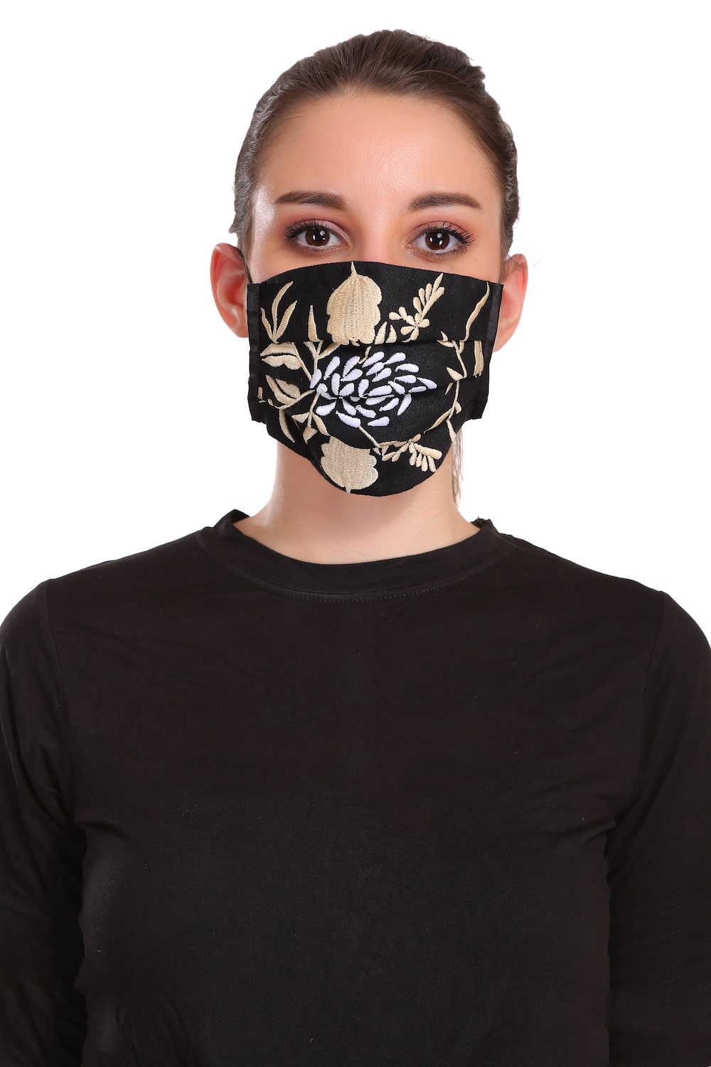Floral Embroidered Black Rayon Pleated Face Mask - Reusable Washable Fabric Mask for Women - Perfect for Daily Use, Travel & Outdoor Activities