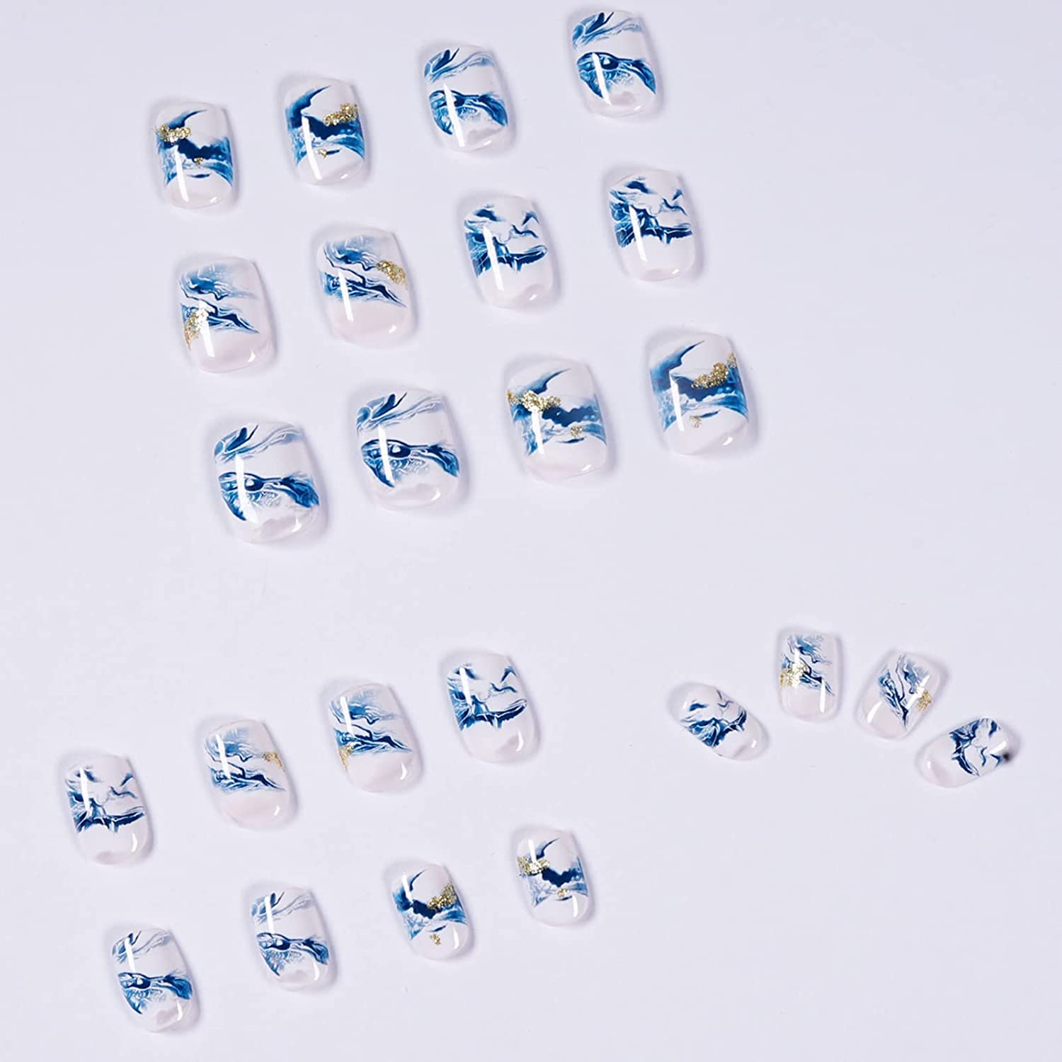 VIKSON INTERNATIONAL 24-Piece Press On Nails - Blue Golden Marble Design with UV Gel Finish | Fake Artificial Nail Extension Set | Includes Nail Glue, Sticker Sheet & Application Kit for Women | Perfect for Parties, Weddings & Special Occasions