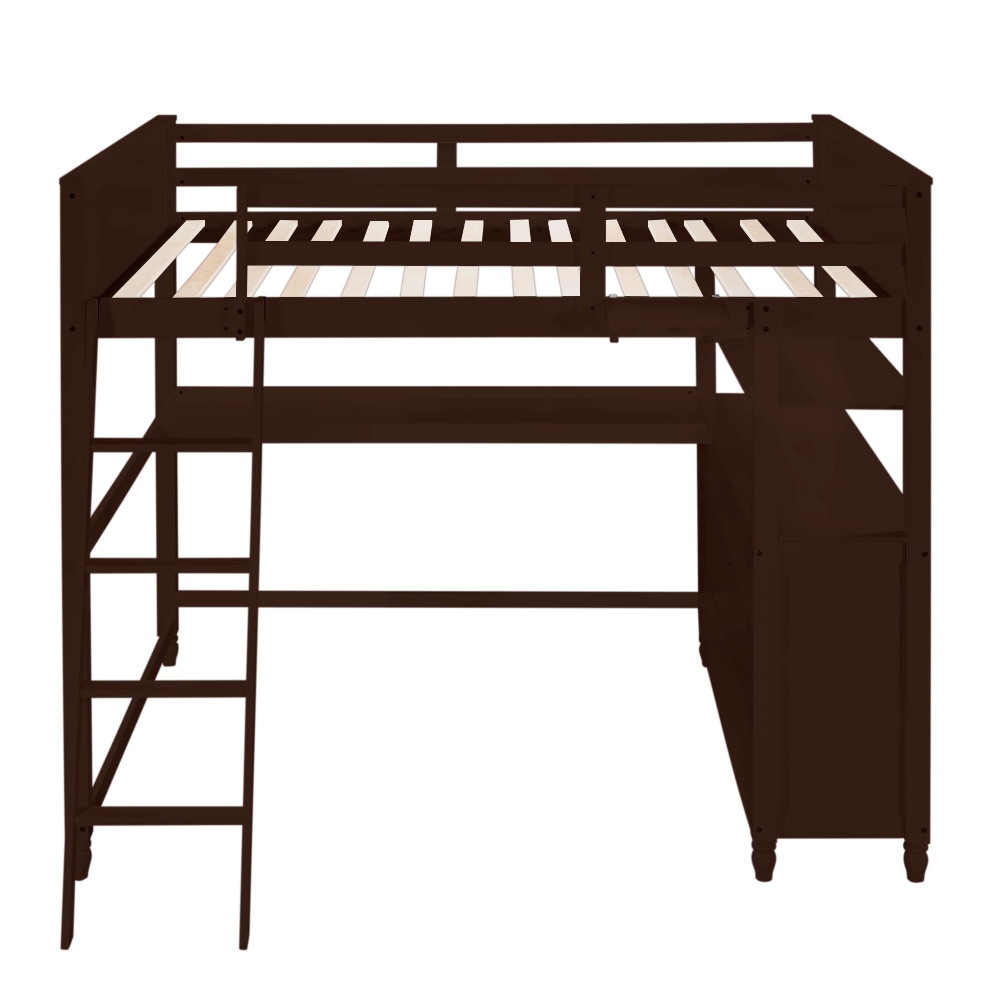 Full Size Loft Bed Frame with 6 Storage Drawers, Shelves & Study Desk - Sturdy Wooden Bunk Bed with Safety Ladder - Space-Saving Kids Bedroom Furniture in Espresso Finish - Perfect for Small Rooms, Dormitories & Teen Bedrooms