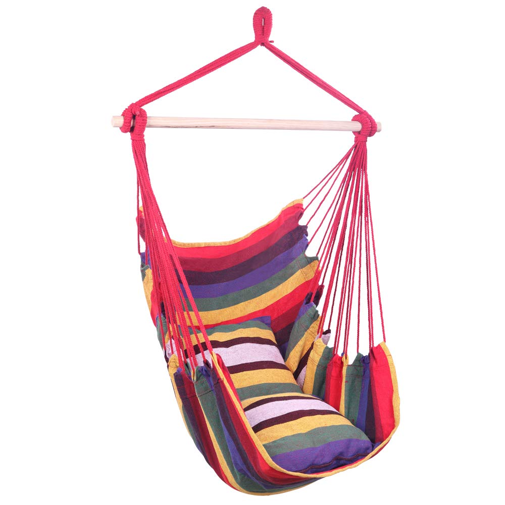 Rainbow Hanging Hammock Chair - 250lb Capacity Cotton Weave Canvas Porch Swing with 2 Pillows, 37.4 Inch Wide - Perfect for Outdoor Relaxation in Garden, Patio, or Backyard