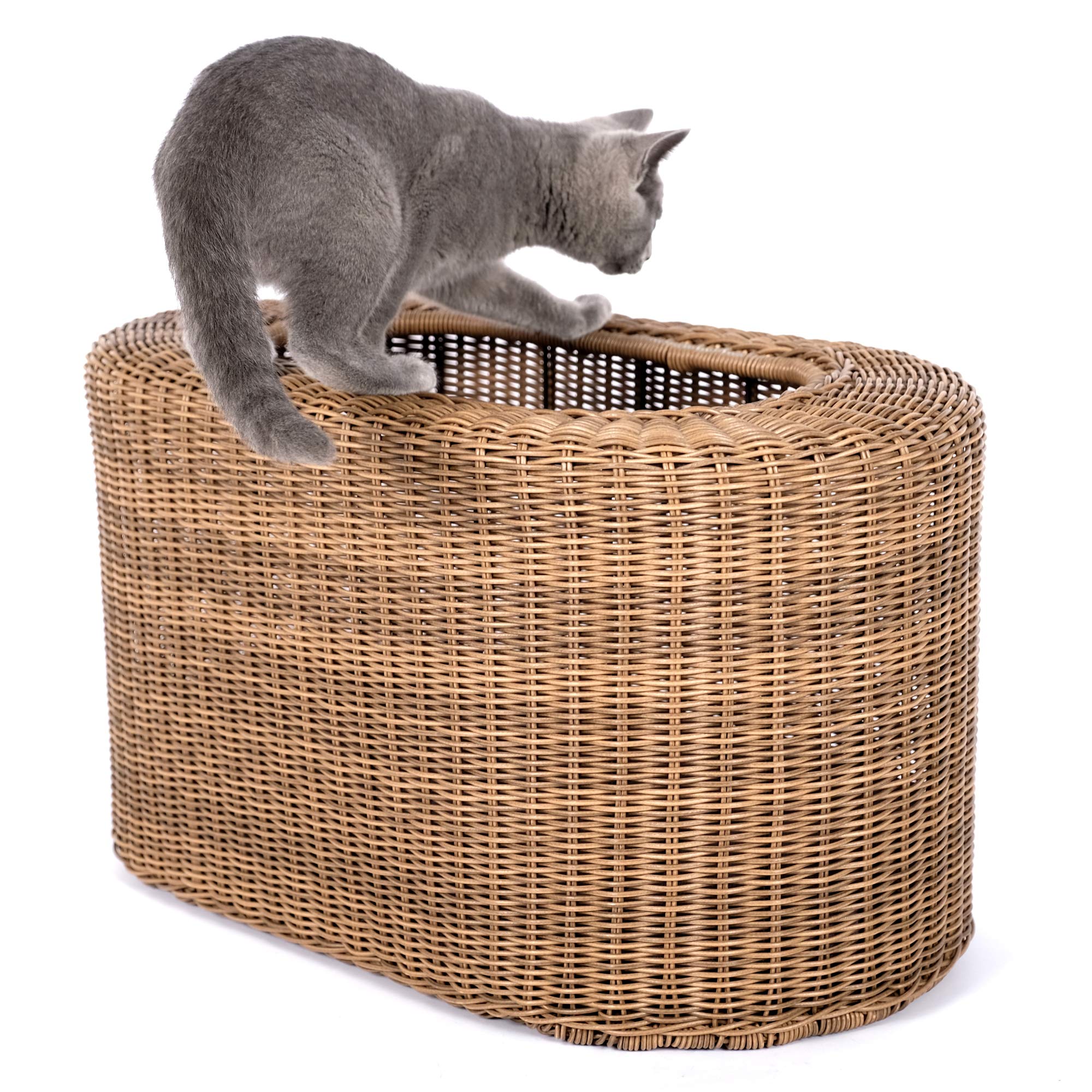 Stackable Cat Condo with Enclosed Bed - Interactive Faux Rattan Cat House for Indoor Play | Multi-Level Cat Tower with Top & Side Entries | Perfect for Small Spaces & Multi-Cat Homes