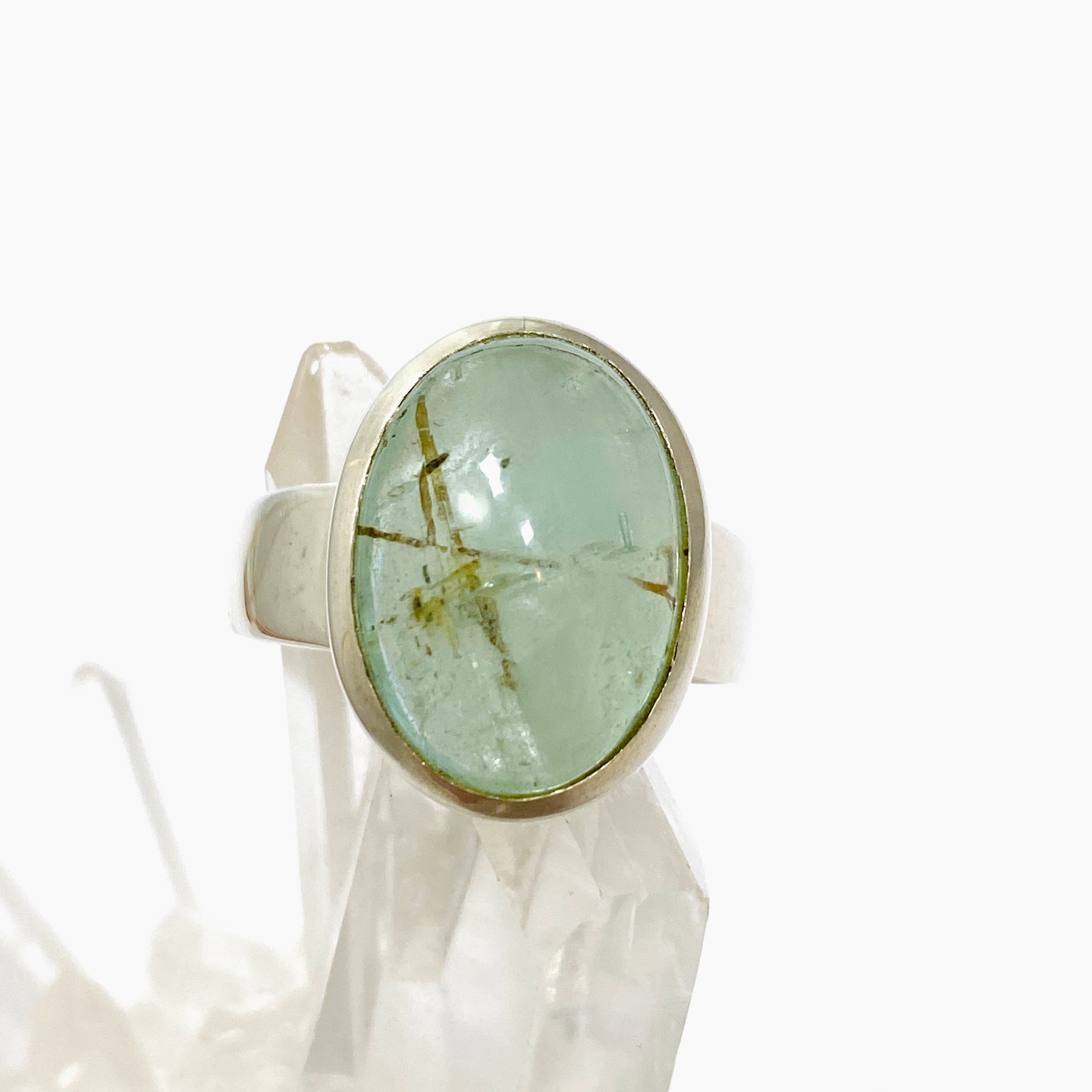Emerald and Rutile Oval Cabochon Ring - Size 8.5 - Handmade Sterling Silver Jewelry - Perfect for Wedding, Anniversary & Special Occasion Gifts