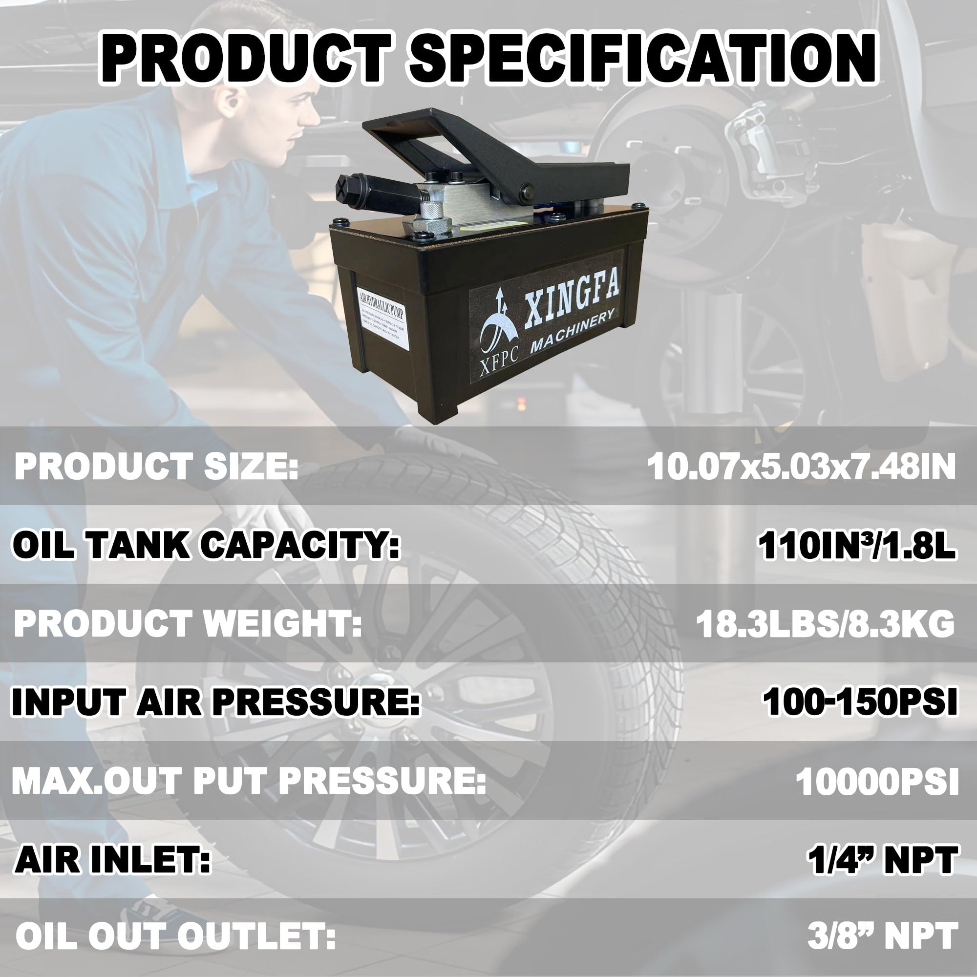 10,000 PSI Air Hydraulic Pump with 1.7L Reservoir - 3/8