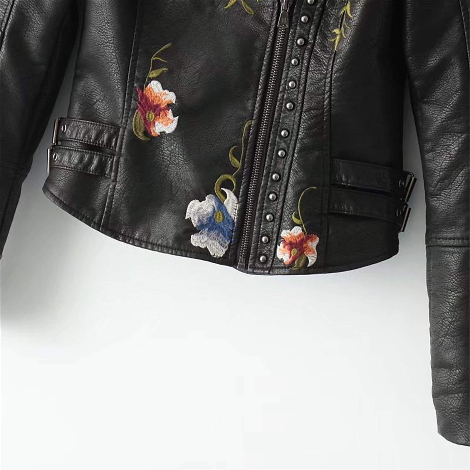 Stylish Autumn Flower Embroidery PU Leather Jacket for Women - Slim Fit Short Motorcycle Biker Jacket with Rivet Details | Perfect for Casual Outings, Bike Rides & Fall Fashion