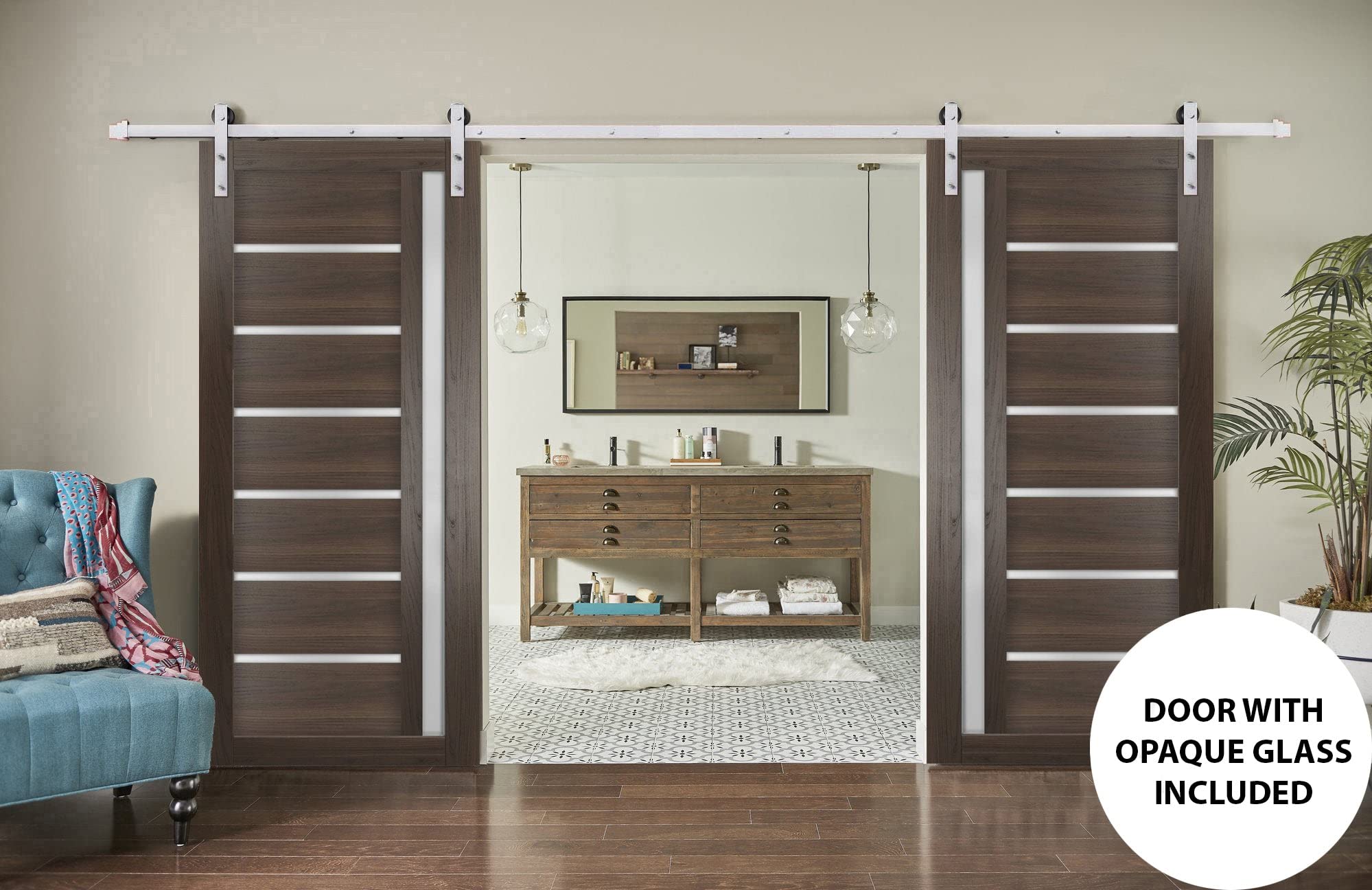 SARTODOORS 36 x 80 Inch Solid Wood Double Barn Door with Frosted Glass - Quadro 4088 Chocolate Ash Finish & 13FT Stainless Steel Rail Hangers | Heavy Duty Interior Sliding Doors for Bedroom, Closet, or Living Room Partition