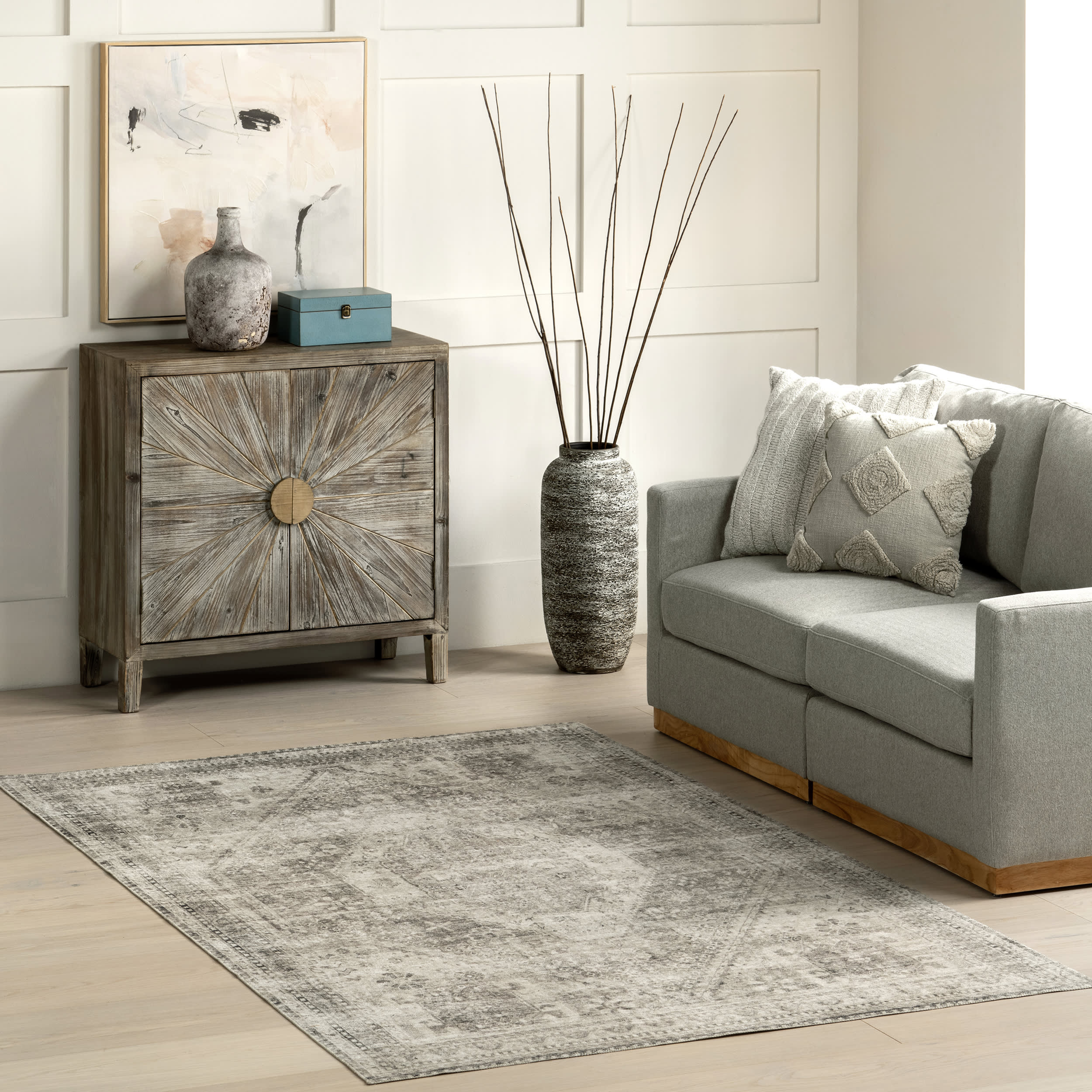 Celia Medallion Washable Rug - Soft Grey Bohemian Area Rug for Living Room, Bedroom, Dining Room - Machine Washable & Stain Resistant