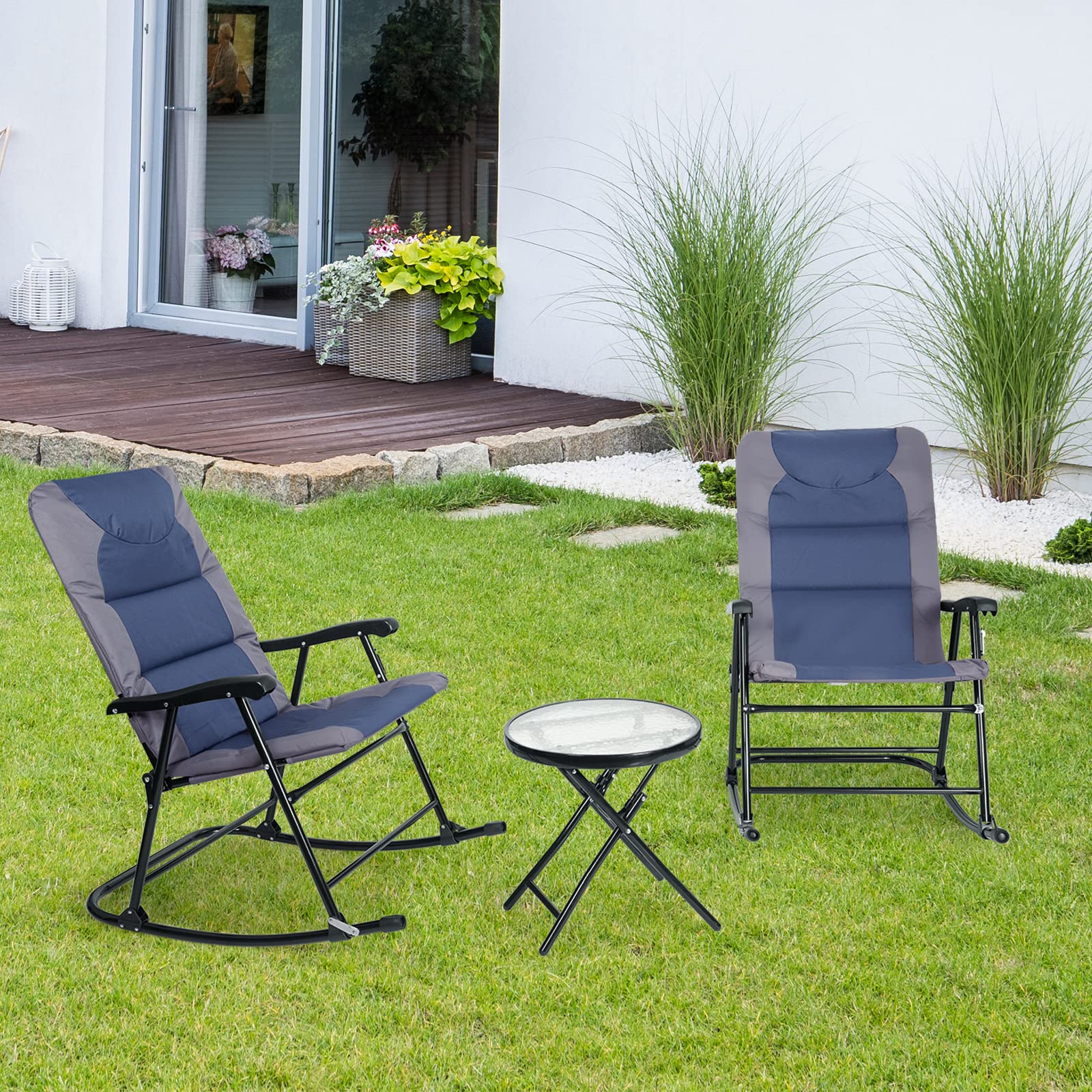 Tangkula 3-Piece Folding Bistro Set - Outdoor Rocking Chairs with Round Glass Top Table, Patio Furniture for Backyard, Garden, Poolside & Porch (Blue) | Perfect for Relaxing, Entertaining & Small Space Living