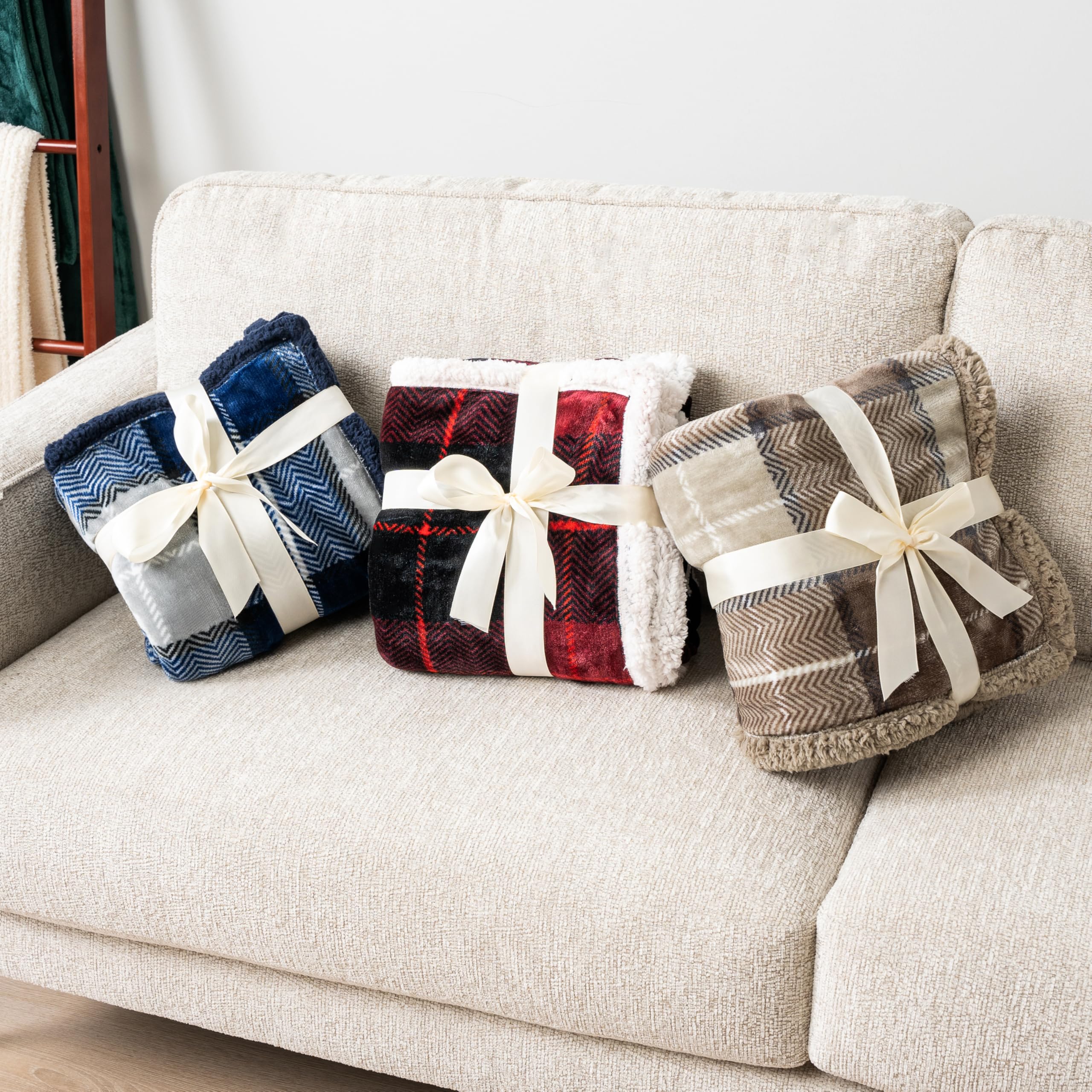 PAVILIA Taupe Plaid Sherpa Throw Blanket - 60x80 Inches Soft Fuzzy Fleece Blanket for Couch, Bed & Winter - Cozy Cabin Decor & Warm Gift for Women, Men, Twins - Perfect for Living Room, Sofa, Dorm & Fireplace Snuggling