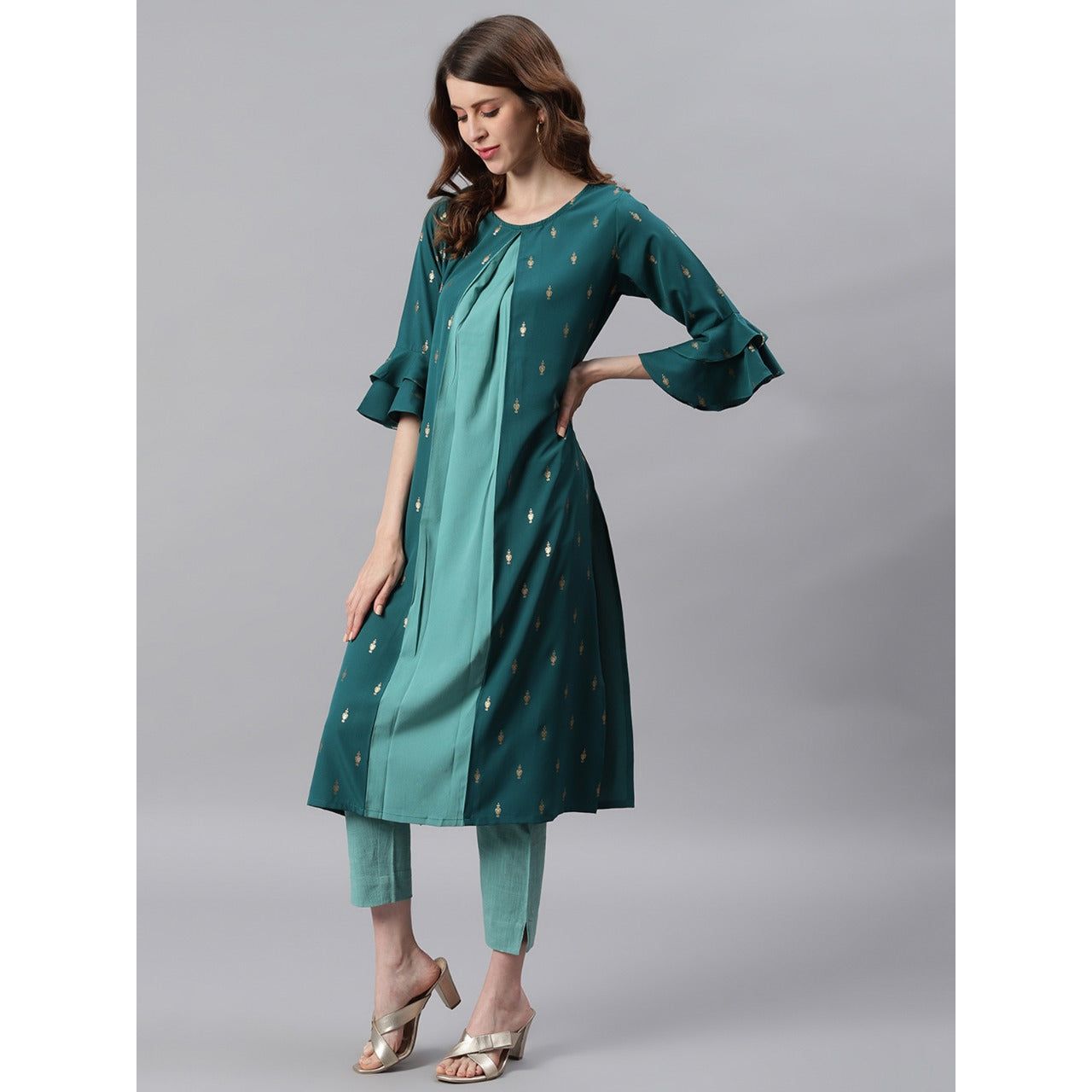 Stylish Dual Tone Green Poly Crepe Kurti for Women | Elegant Indian Ethnic Wear | Perfect for Festivals, Weddings & Casual Outings