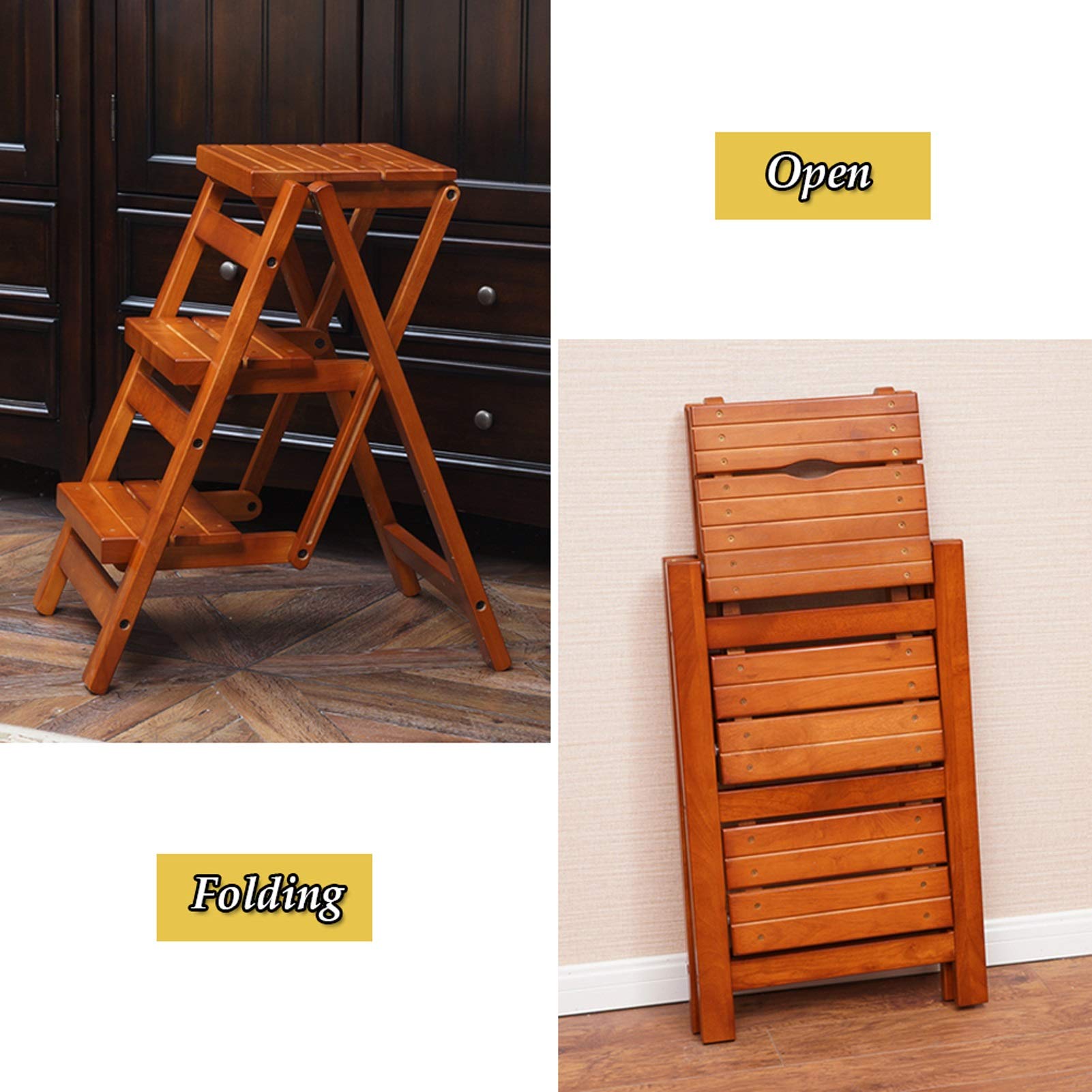 LEOSXA 3-Step Solid Wood Folding Step Stool - Heavy Duty Portable Ladder Stool for Home, Kitchen, Bathroom & Garage - Non-Slip Safety Stool for Adults & Kids - Multi-Purpose Climbing Stool for Storage & Cleaning