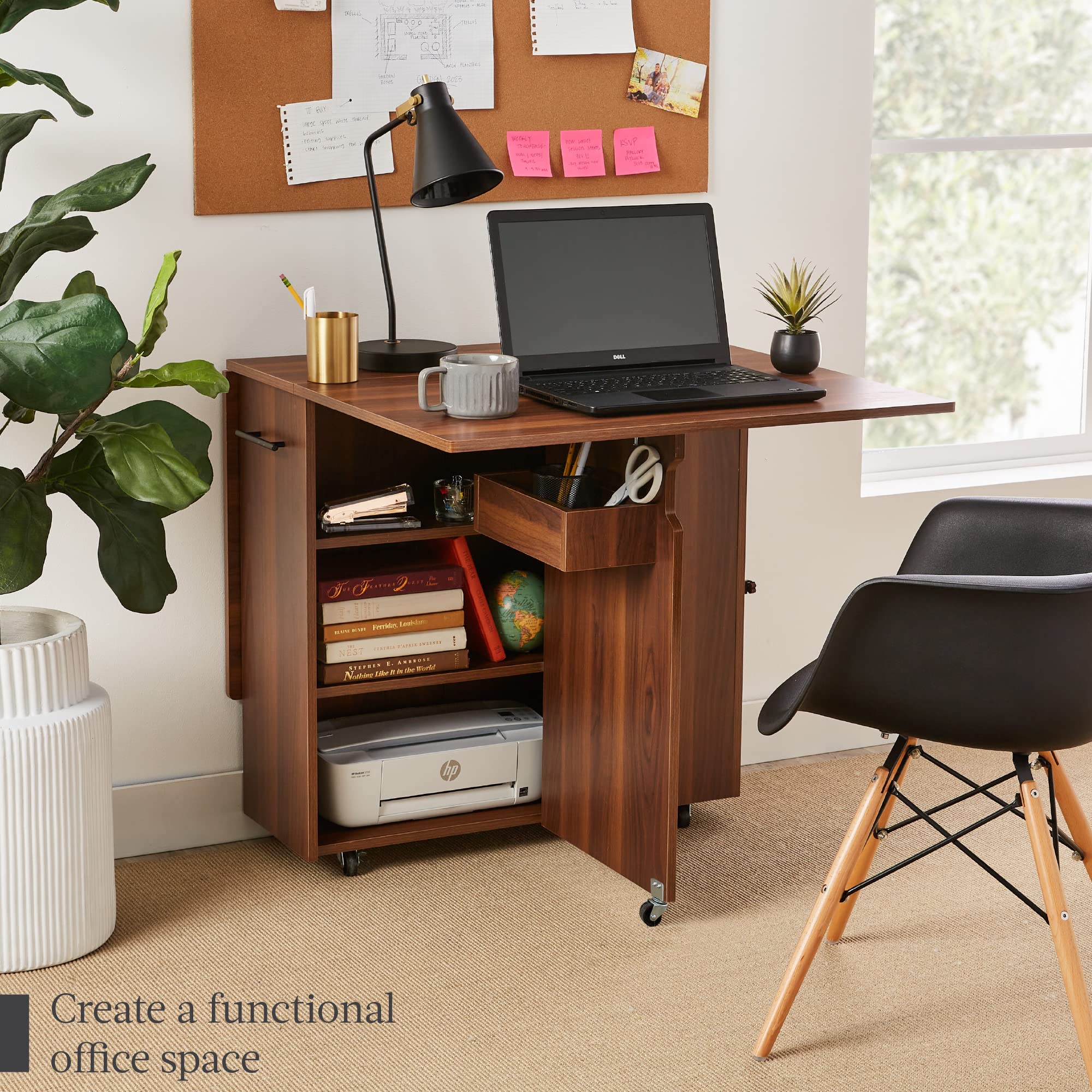 Best Choice Products Folding Dining Table with Wheels - Space Saving Collapsible Drop Leaf Extension Desk, 3 Storage Shelves, Multipurpose Brown Table for Small Spaces, Kitchen, Dorm Room, or Office Use