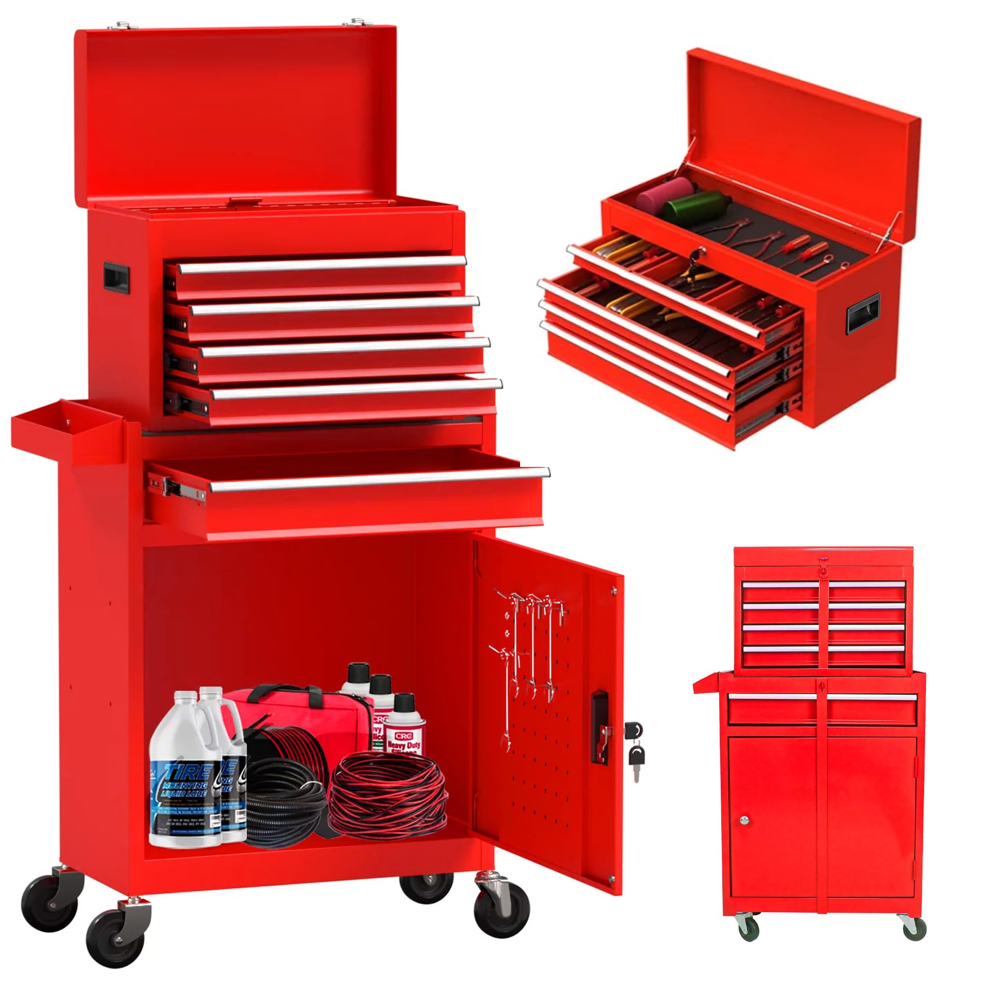 5-Drawer Rolling Tool Chest with Wheels & 2 Lockers - Heavy Duty Detachable Garage Tool Cabinet for Workshop, Warehouse & Home Storage (Red) - Perfect for Mechanics, DIY Projects & Professional Tool Organization