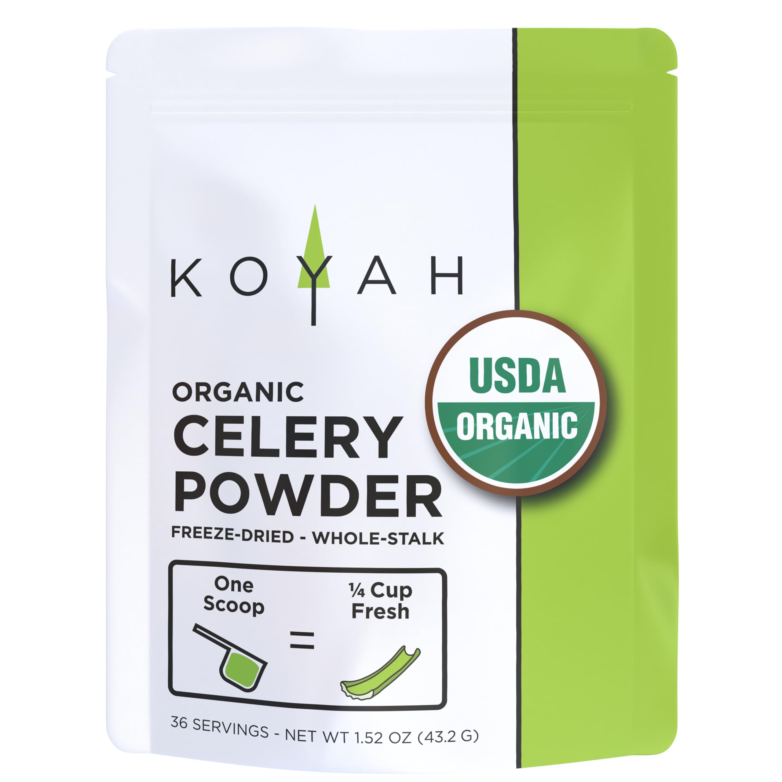 KOYAH Organic USA Grown Celery Powder - Freeze-Dried Whole Stalk Powder (1 Scoop = 1/4 Cup Fresh, 36 Servings) | Natural Seasoning for Soups, Smoothies & Healthy Cooking