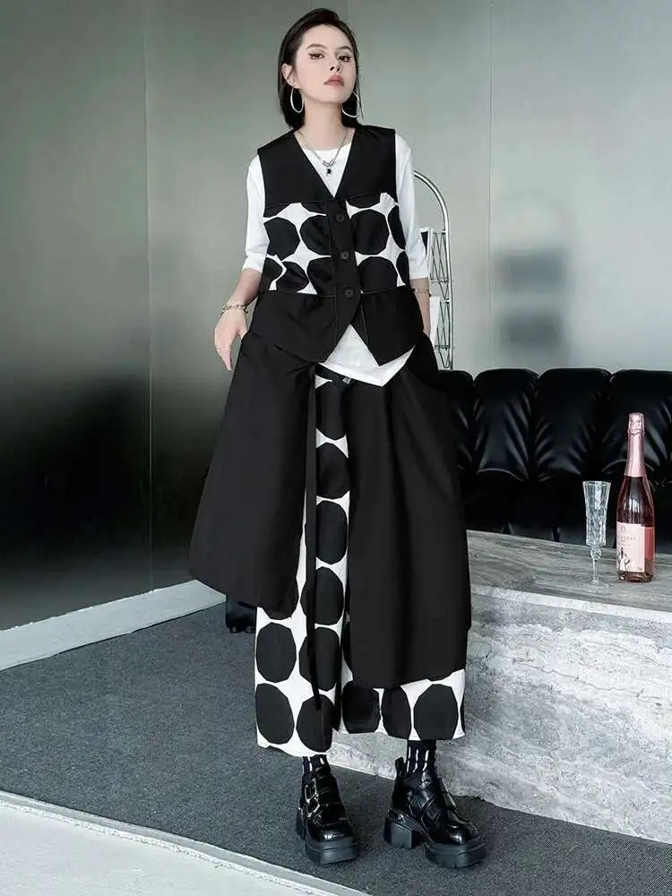 Plus Size Black Polka Dot Vest & Wide Leg Pants 2-Piece Set - Women's Fashion V-Neck Sleeveless Outfit for Spring/Fall 2025 | Office Wear, Casual Chic, Party Outfit