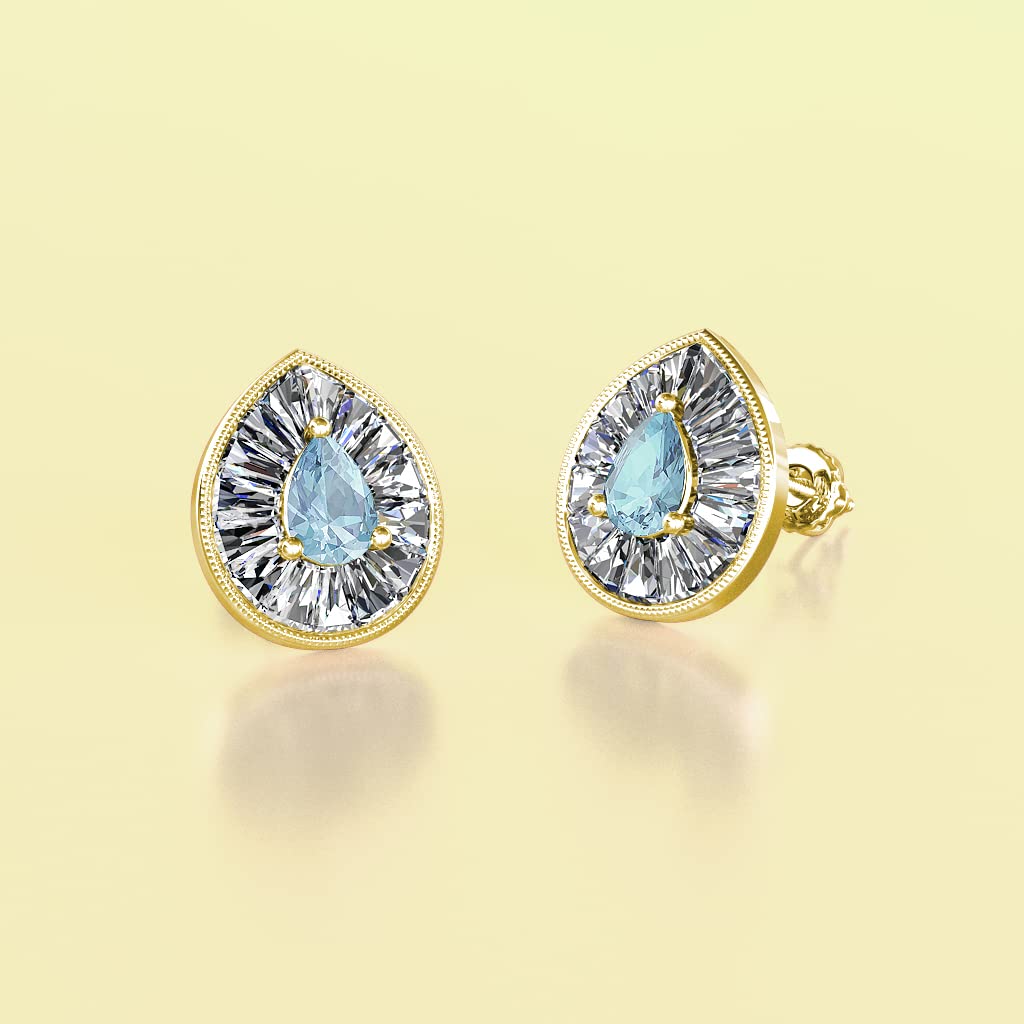 Pear Cut Aquamarine & Natural Diamond Halo Stud Earrings for Women - 1 1/8 ctw, 14K Gold Milgrain Detail - Perfect for Weddings, Anniversaries & Special Occasions