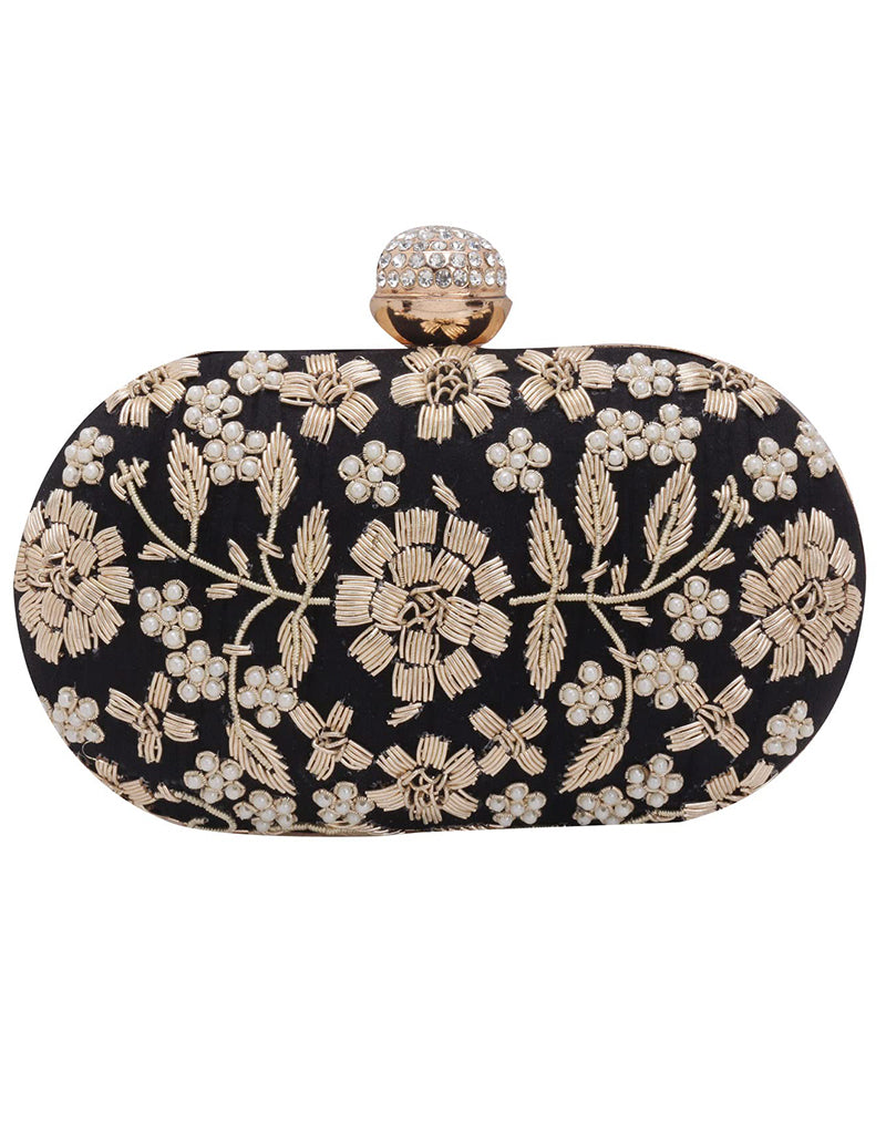 Trendy Black Embroidered Designer Clutch Bag for Women - Elegant Evening Party & Wedding Accessories