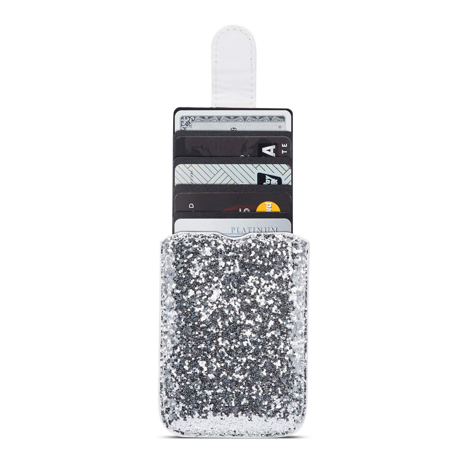 Glitter 5 Cards Holder Cell Phone Pouch - RFID Blocking Stretchable Wallet with Adhesive Back for iPhone 16/15, Samsung Galaxy S24 Ultra/Note 20, A55/A74 - Perfect for Hands-Free Shopping, Travel & Daily Commute (White)