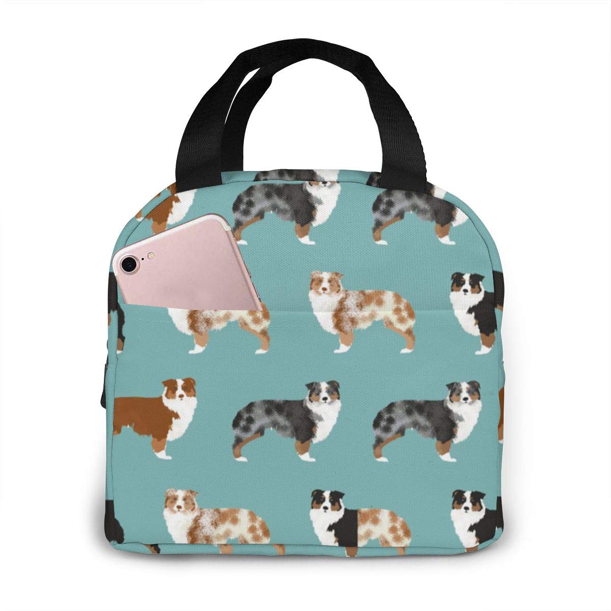 Australian Shepherds Dog Themed Insulated Lunch Bags - Cute Blue Pet Pattern Reusable Waterproof Cooler Tote for Women & Girls - Perfect for Work, School, Travel, Picnic & Outdoor Activities