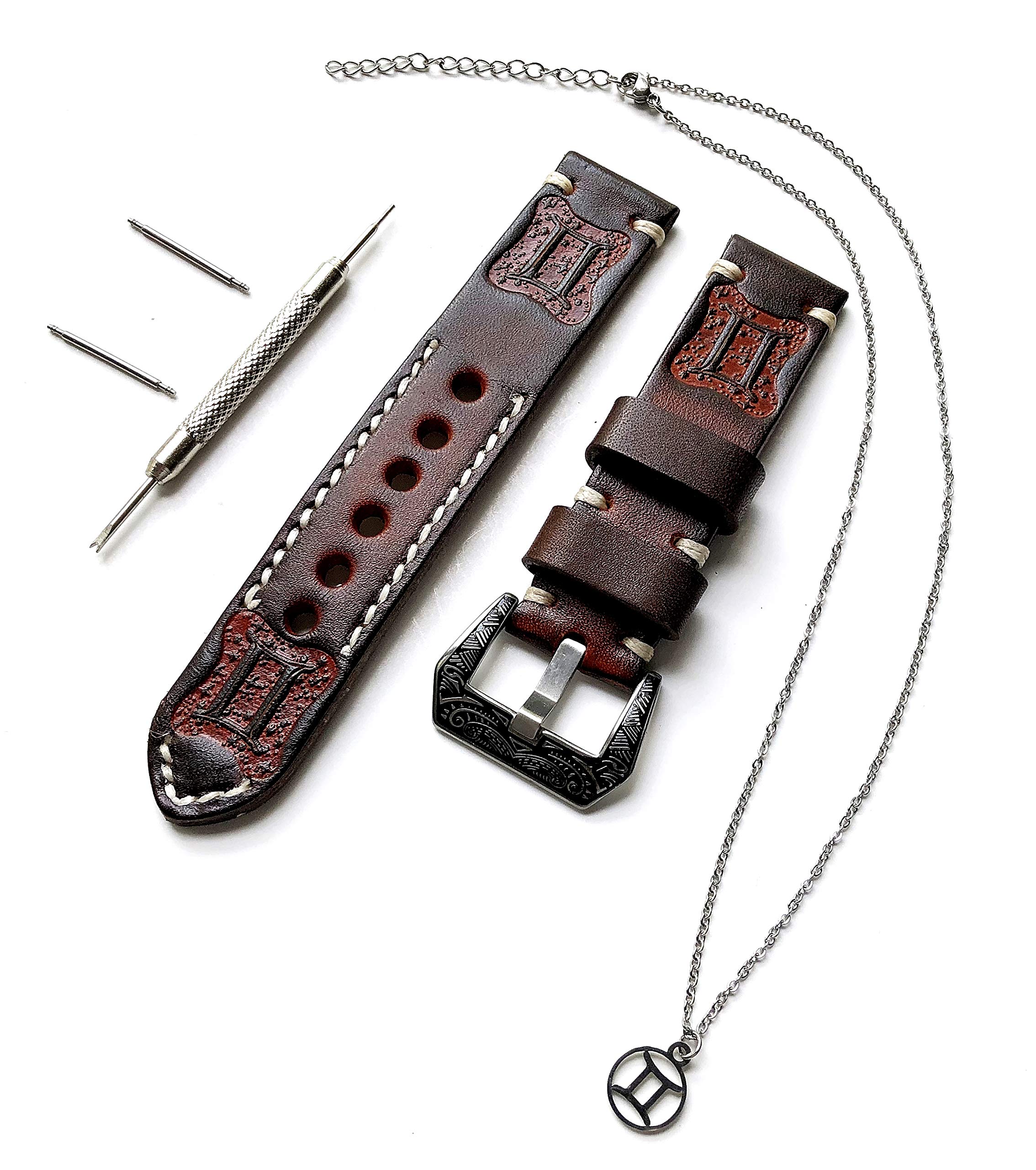 Gemini Zodiac Genuine Leather Watch Band & Necklace Set - 22mm Brown Tooled Embossed Bracelet with 25