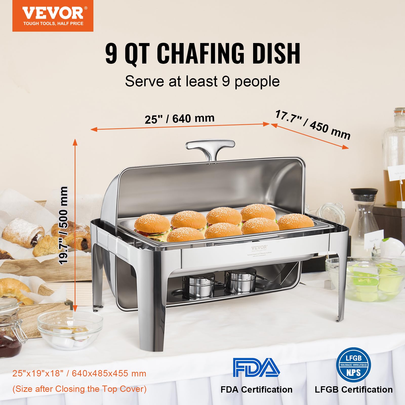 VEVOR 9 Qt Stainless Steel Roll Top Chafing Dish Buffet Set with Full Size Pan, Rectangle Catering Warmer with Lid, Water Pan Stand & Fuel Holder - Perfect for Buffets, Catering Events, Wedding Receptions & Serving 9+ People