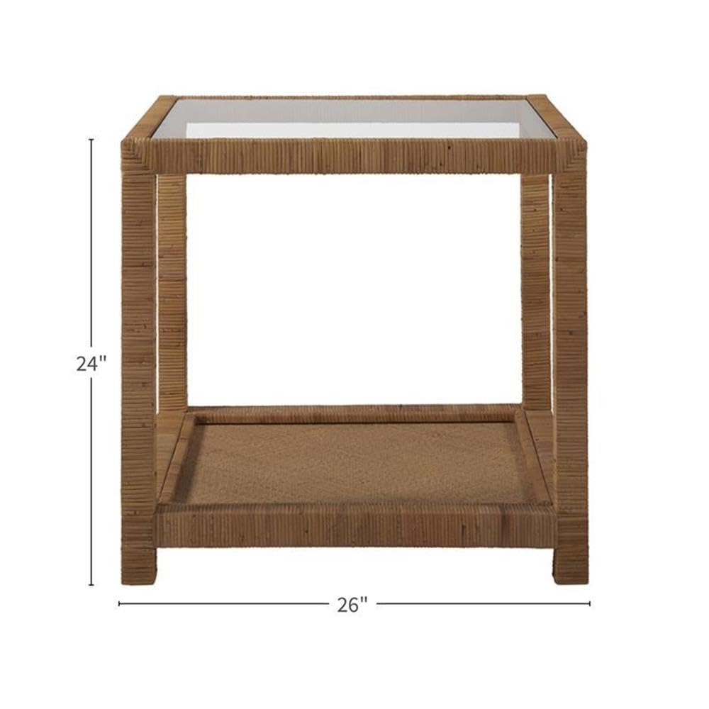 Coastal Woven Rattan End Table with Glass Top - Long Key Accent Table for Living Room, Bedroom & Patio Decor | Stylish Side Table for Home & Outdoor Use