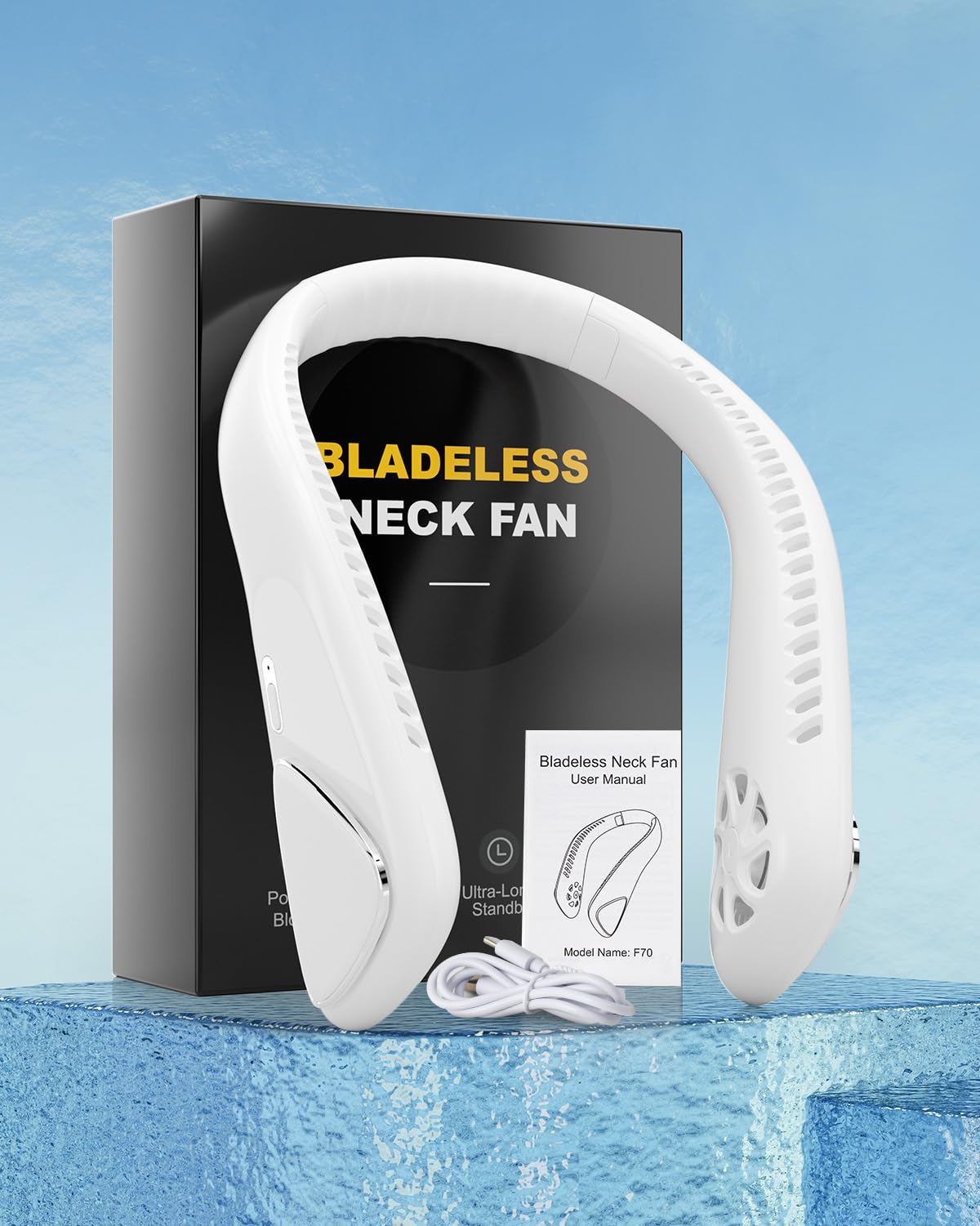 Jialexin Bladeless Personal Neck Fan - 6000mAh USB Rechargeable Hands-Free Cooling Fan with 3 Speed Settings, Lightweight Headphone Design for Men & Women - Perfect for Sports, Outdoor Activities, Office & Travel (White)