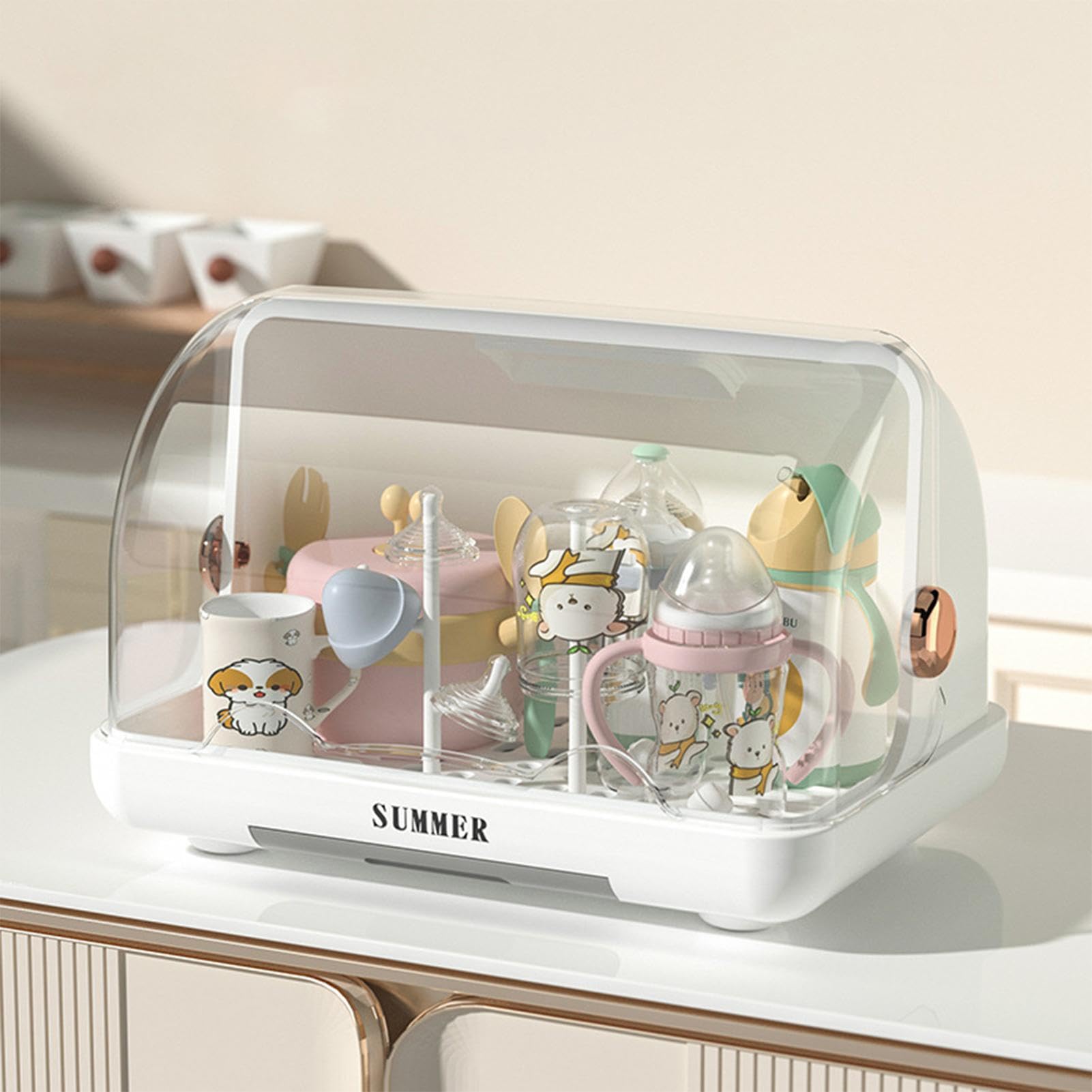 Dustproof Baby Bottle Drying Rack with Lid & Removable Drain Tray - Portable Baby Bottle Organizer Storage Case for Kitchen Cabinet - Perfect for Nursery, Travel & Breast Pump Parts Drying