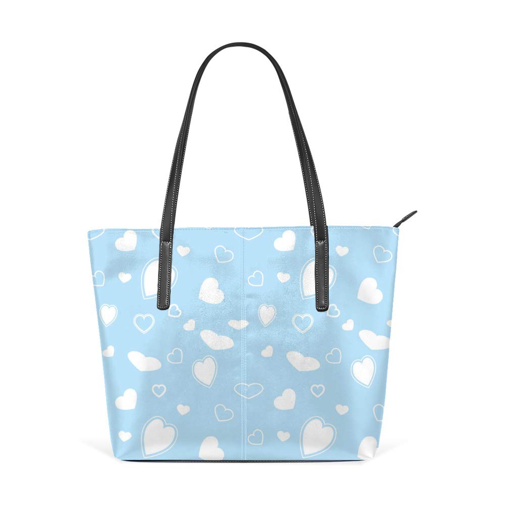 Stylish Women's PU Leather Tote Shoulder Bag - Large Blue Shopper with White Hearts for Work & Casual Use | Perfect Office, Travel & Everyday Handbag