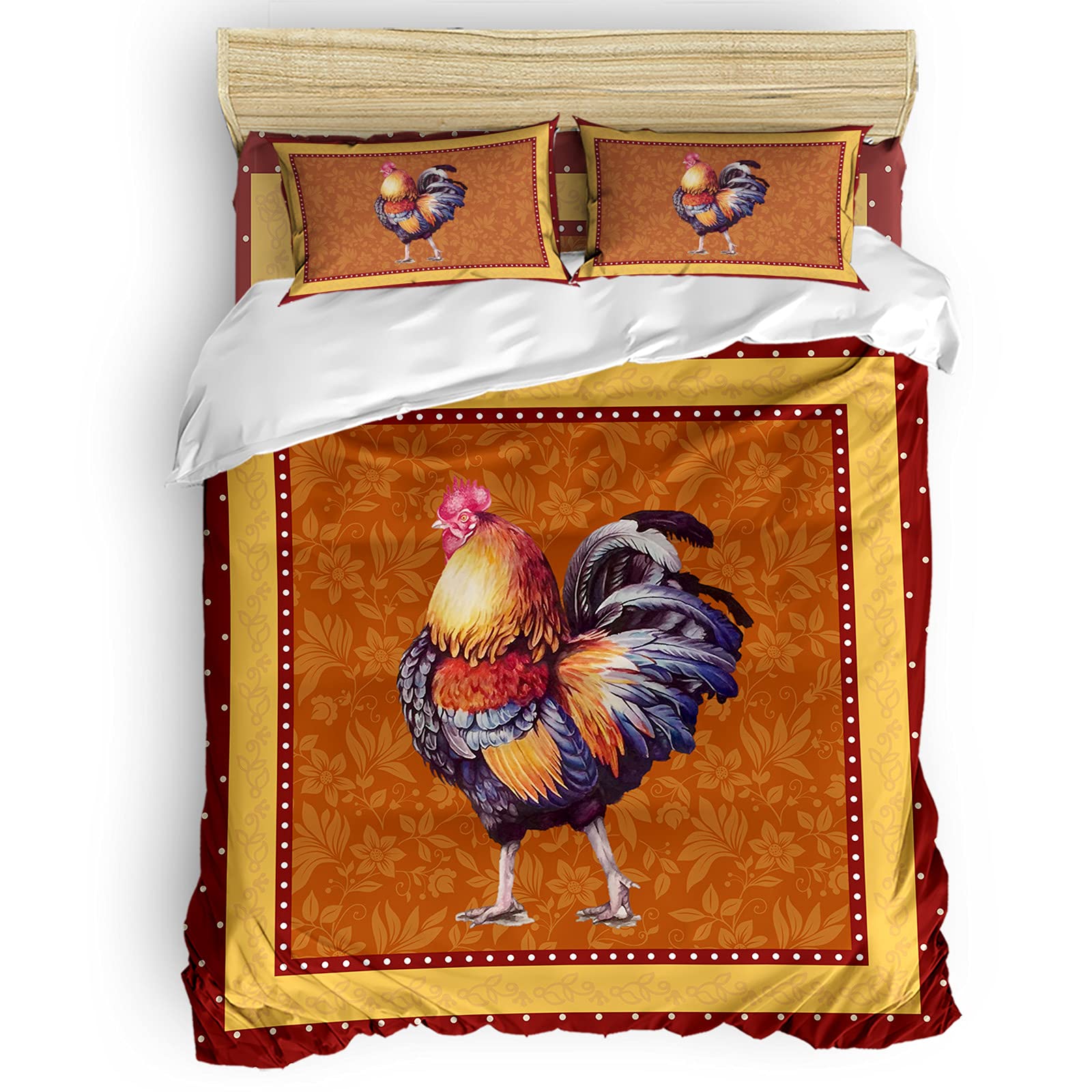 MUSEDAY 4-Piece Farmhouse Rooster Print Duvet Cover Set - Queen Size Ultra Soft Bedding with Zipper Closure & Corner Ties - Vintage Country Style Polka Dot Design for Cozy Farmhouse, Cottage, or Guest Room Decor