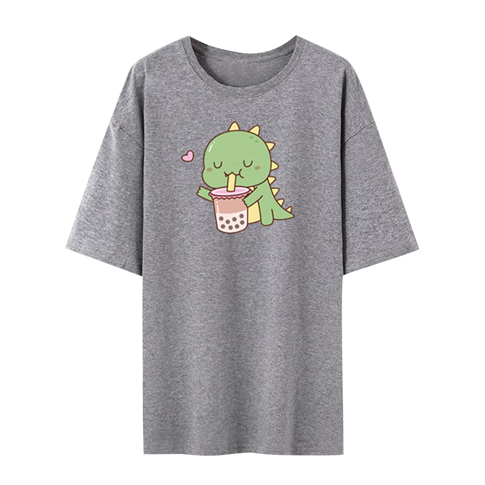 Women's Cute Cartoon Dinosaur Graphic Tee - Casual Short Sleeve T-Shirt, Round Neck Loose Fit Blouse for Summer | Perfect for Casual Outings, Beach Days & Streetwear Fashion
