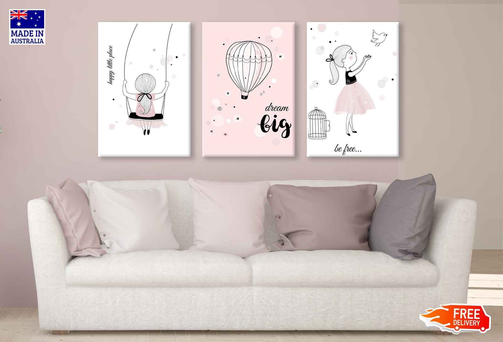 3-Piece Girl with Bird Quote Wall Art Canvas Set - High Quality Australian Made Prints, Ready to Hang - Perfect for Living Room, Bedroom & Office Decor