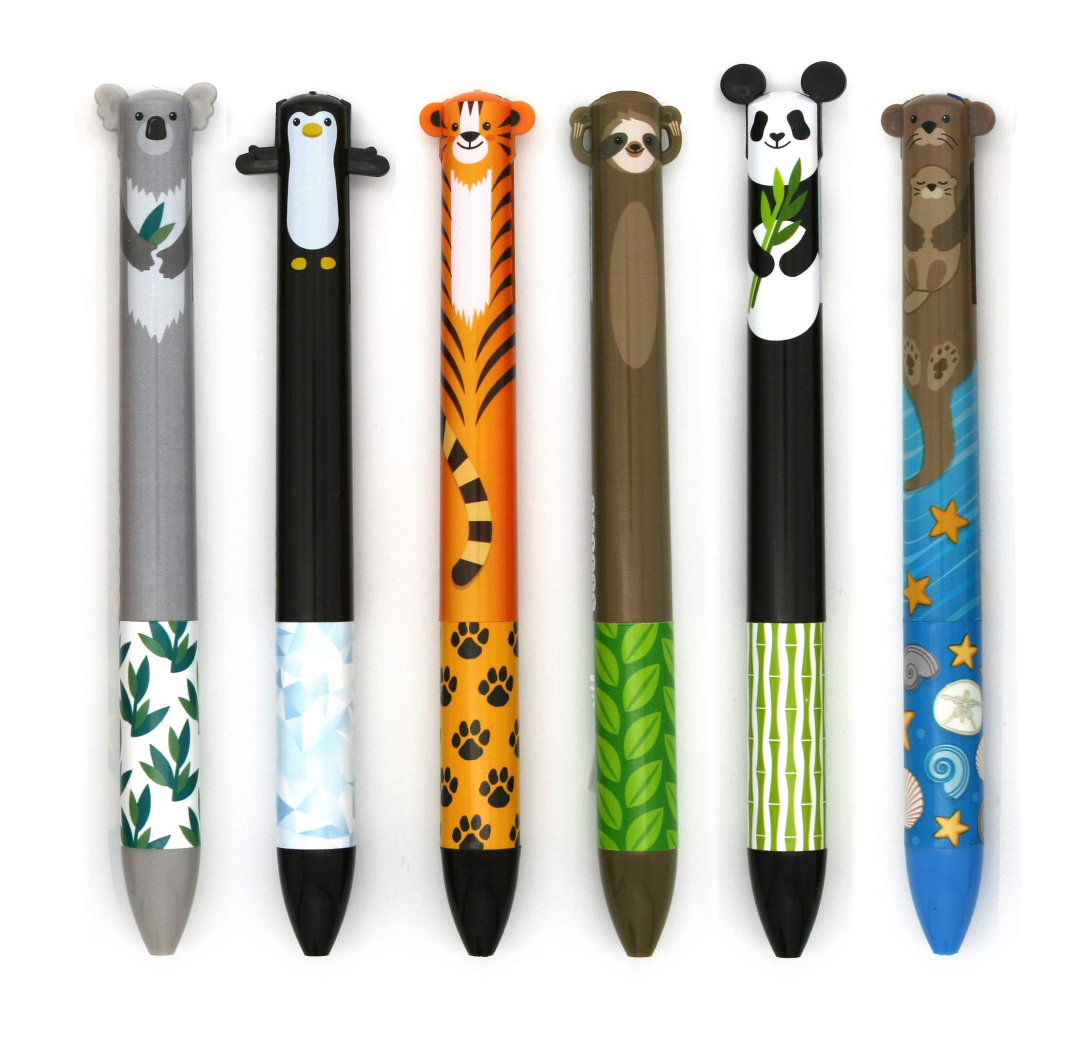 Cute Creatures 2-Color Click Pens - Set of 6 Fun Writing Tools for School, Office & Note Taking - Dual Tip Ballpoint Pens with Adorable Animal Designs