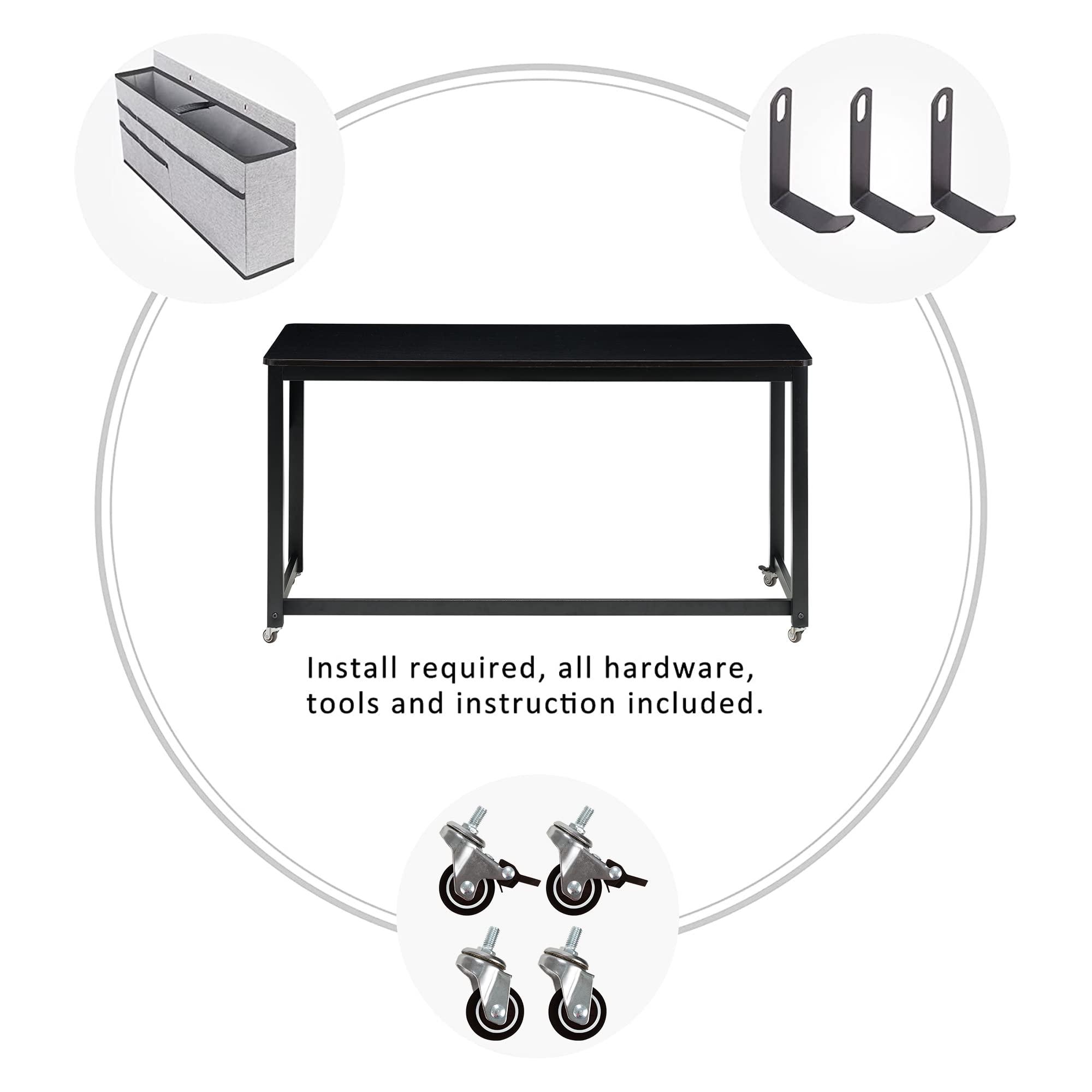 AHB 47-Inch Rolling Computer Desk with 4 Smooth Wheels - Mobile Writing Desk for Home Office & Study - Sturdy Metal Frame Workstation for Small Spaces & Dorm Rooms