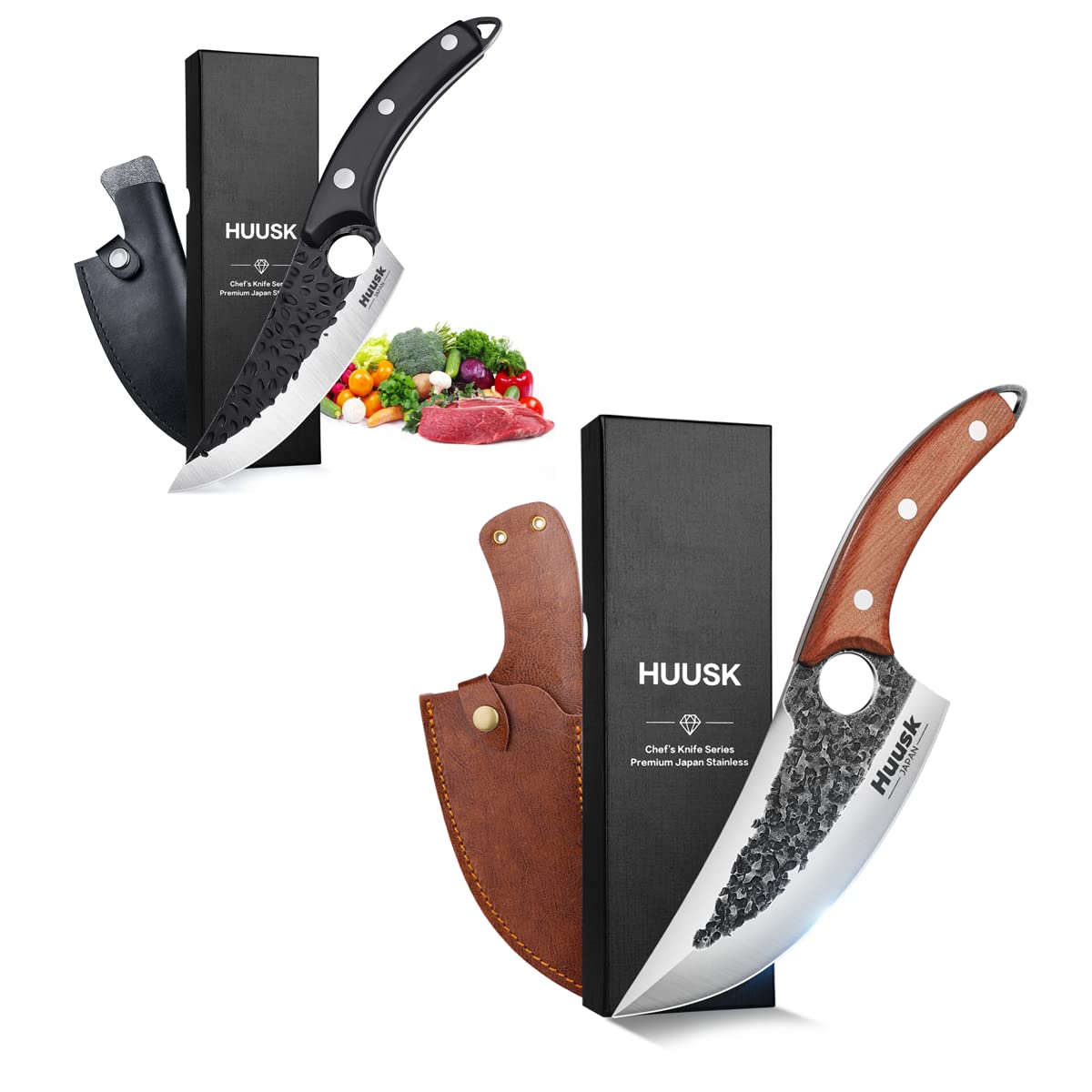 Premium Huusk Collectible Knives Set - Japanese Chef Knife & Santoku Knife with Leather Sheath & Gift Box for Cooking Enthusiasts | Perfect for Home Kitchen, Outdoor Camping & Gift Giving