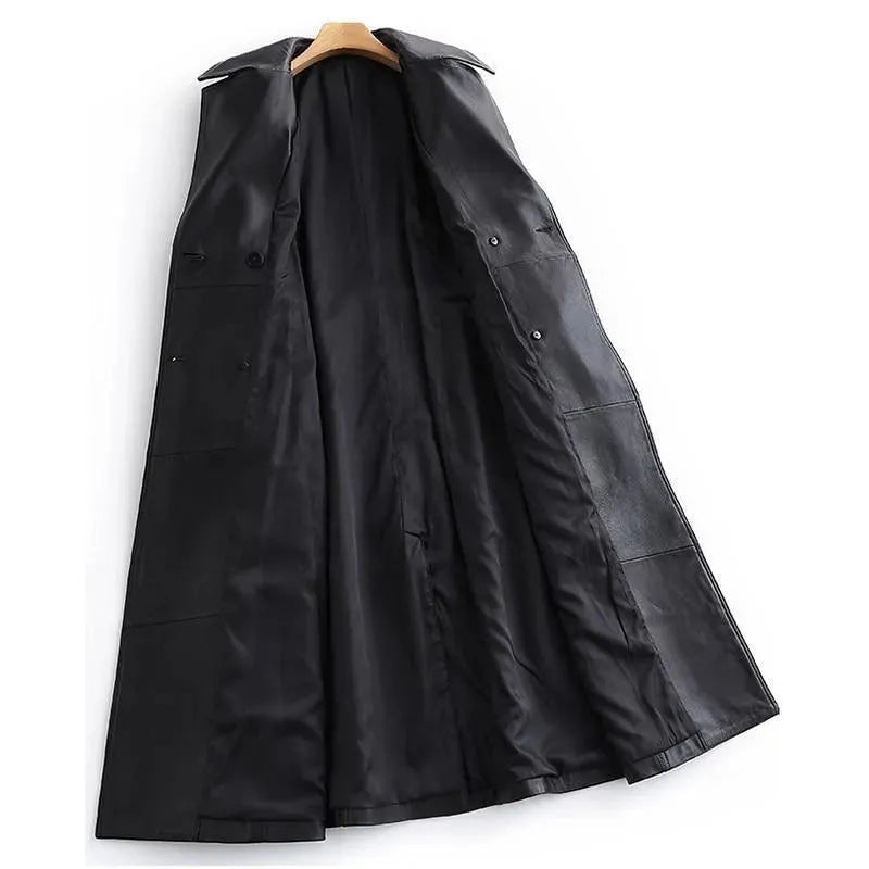 Premium Black Lapel Leather Trench Coat for Women - Stylish Long Jacket with Belt - Perfect for Office, Date Night & Fall Fashion