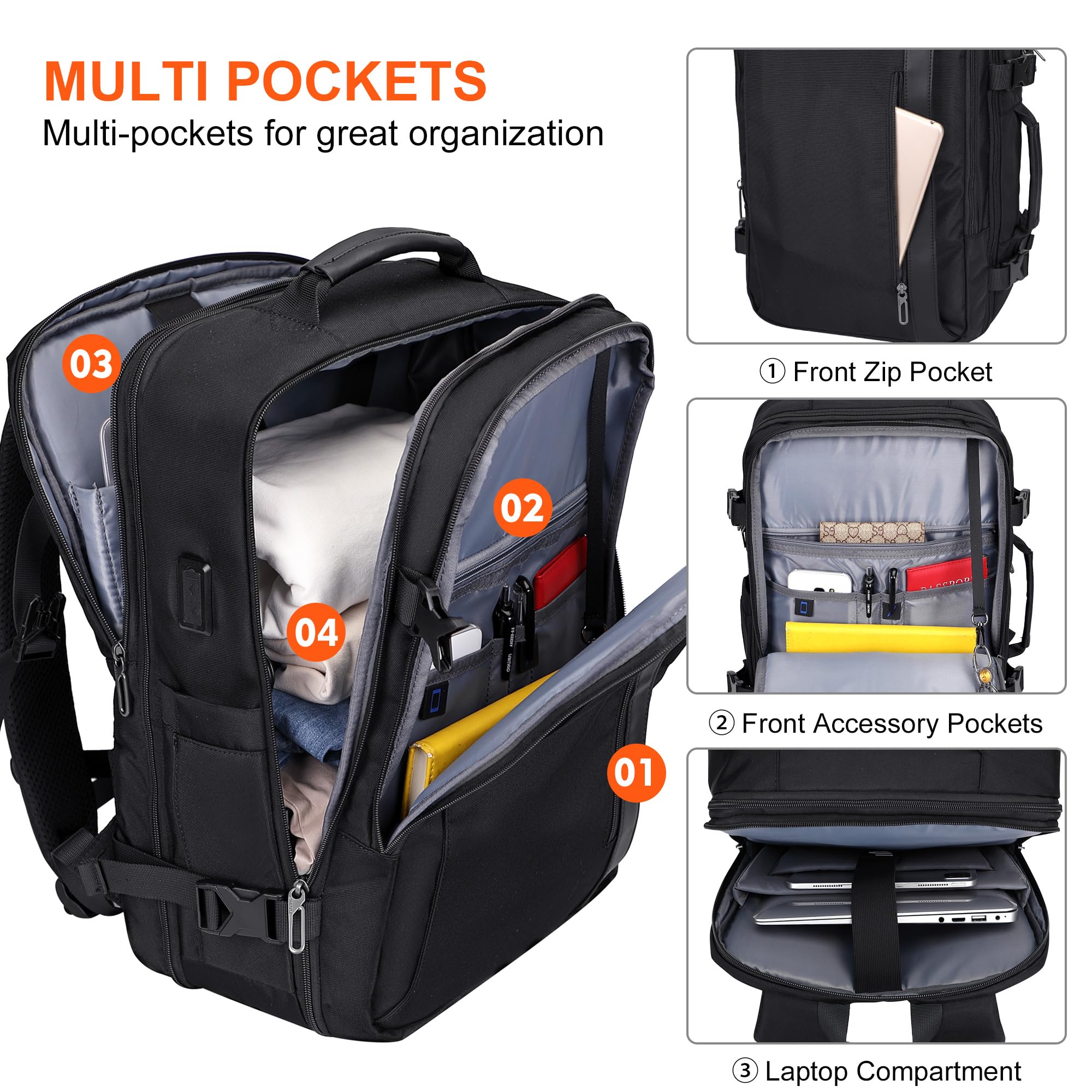 PIJUSHI Expandable 40L Travel Backpack for Women & Men - Flight Approved Carry On Backpack with USB Charging Port & 16 Inch Laptop Compartment (Black) - Perfect for Business Trips, Weekend Getaways & Airplane Travel