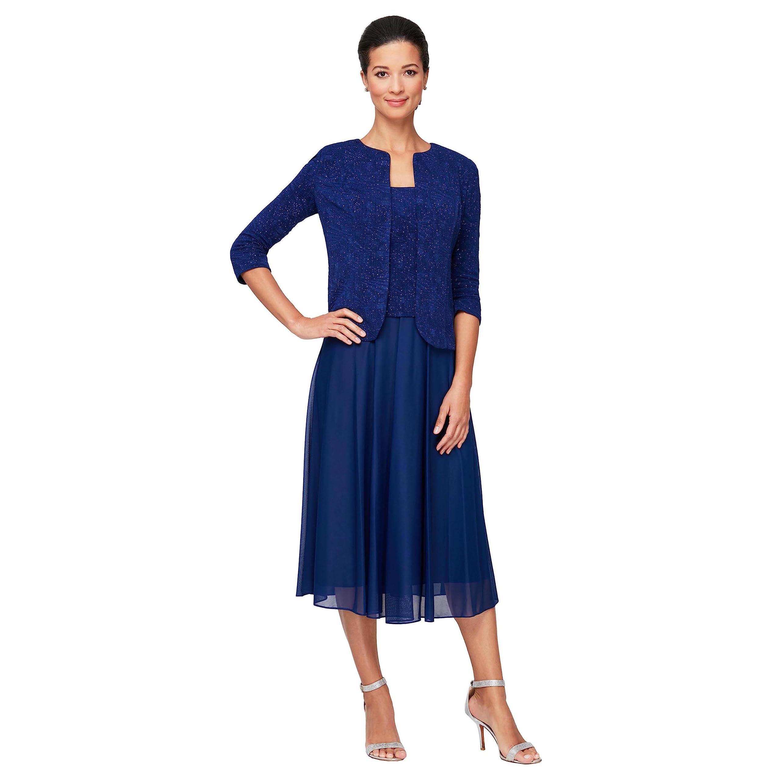 Alex Evenings Women's Elegant Tea Length Mock Dress with Sequin Jacket - Formal Evening Gown for Weddings, Parties & Special Occasions (Petite & Regular Sizes)