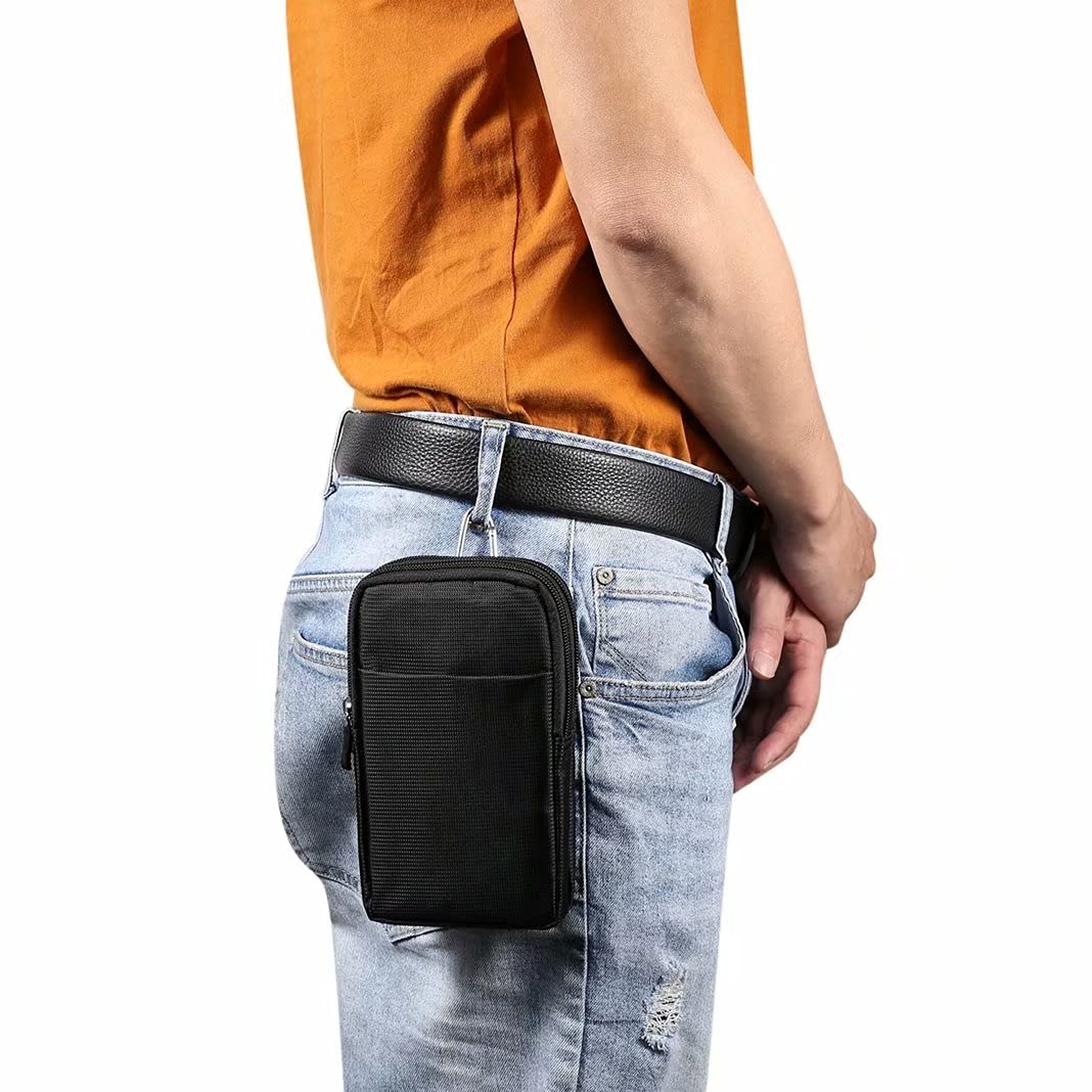 Men's Nylon Waist Pouch Phone Wallet - Compatible with iPhone 16 Pro Max, Galaxy S25 Ultra, S24 FE, Note 20, A16, A55, A35, Pixel 9 Pro XL, OnePlus 13R, Motorola Edge, Xiaomi 14T, TCL 50 XE (Black) - Perfect for Running, Travel, Hiking & Outdoor Activities